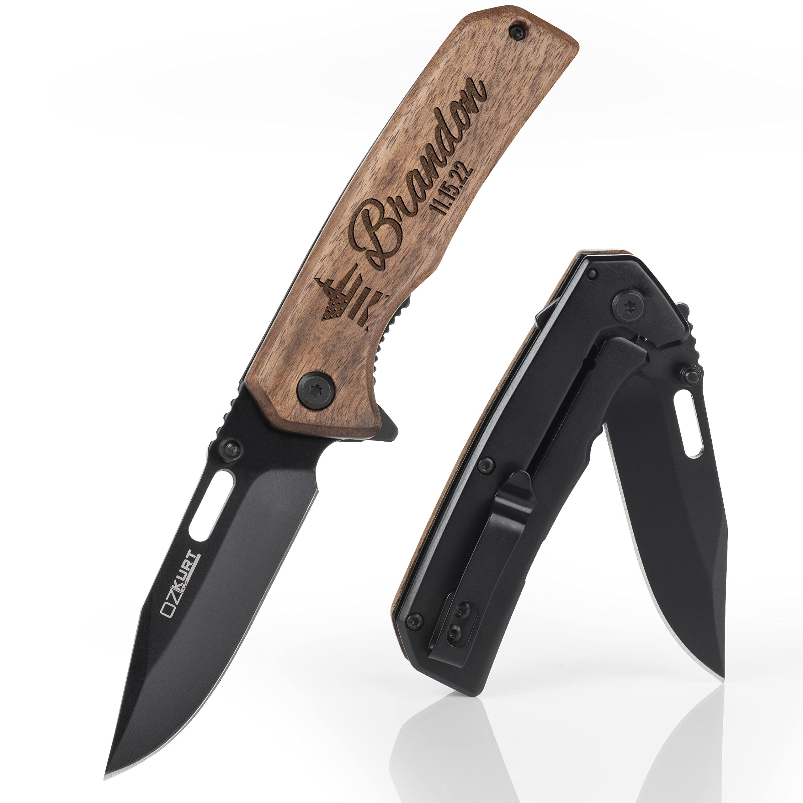 Custom Engraved Pocket Knife with Walnut Wood Handle - 36 Icon Designs & 13 Font Styles - Personalized Gift for Men, Dad, Husband - Perfect for Camping, Hiking, Outdoor Adventures & Everyday Carry (EDC)