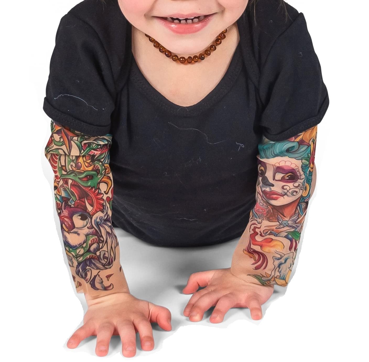 Wild Rose Baby Boy & Girl Tattoo Sleeve Shirt - Sugar Skull Snake Sunflower Design - Black Cotton Tee for Kids | Perfect for Halloween Costumes, Birthday Parties & Rockstar-Themed Events