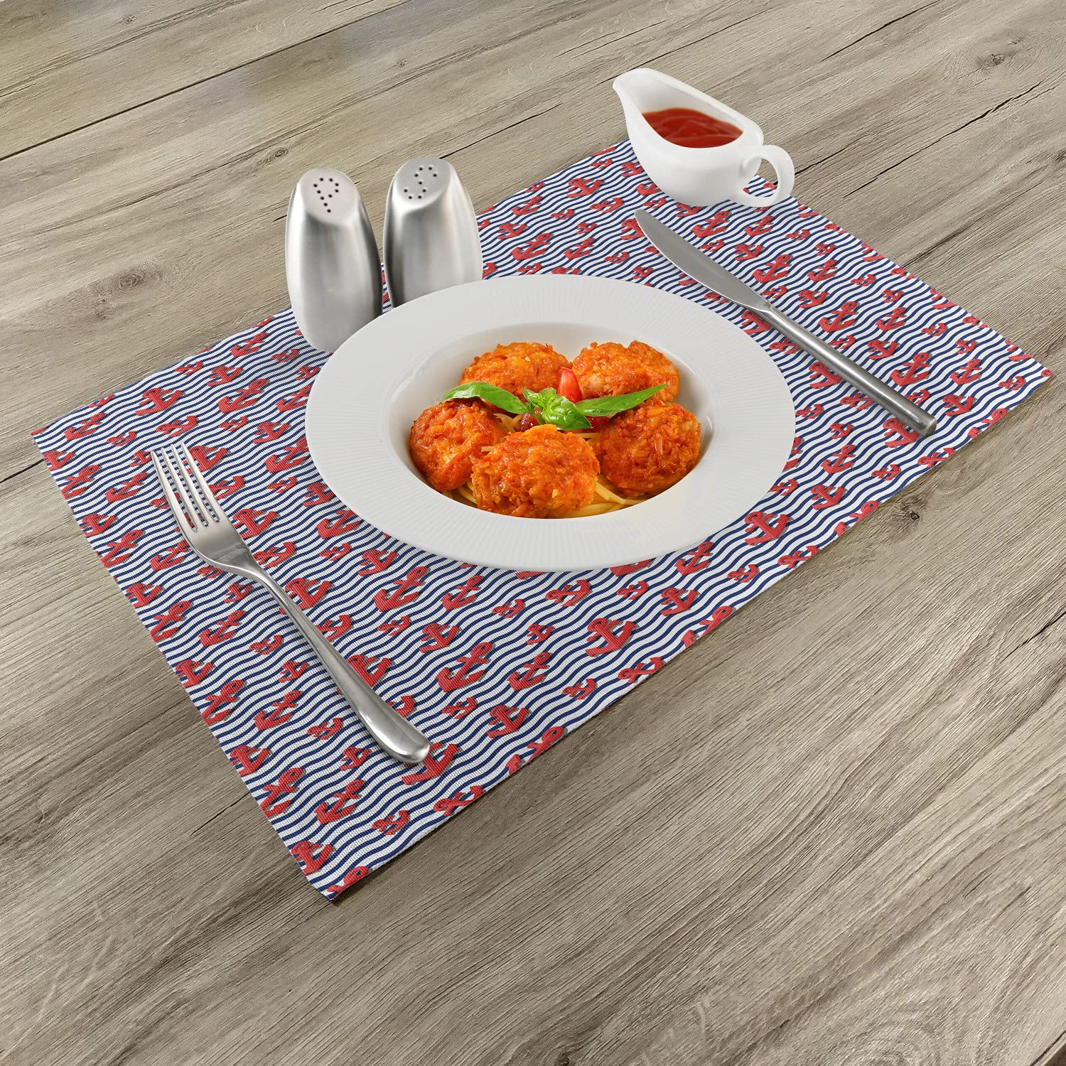 Ambesonne 4-Pack Anchor Design Place Mats – 3D Wavy Stripes Marine Theme, Washable Fabric Dining Table Mats in Vermilion & Navy Blue – Perfect for Summer Parties, Beach-Themed Dinners & Nautical Home Decor