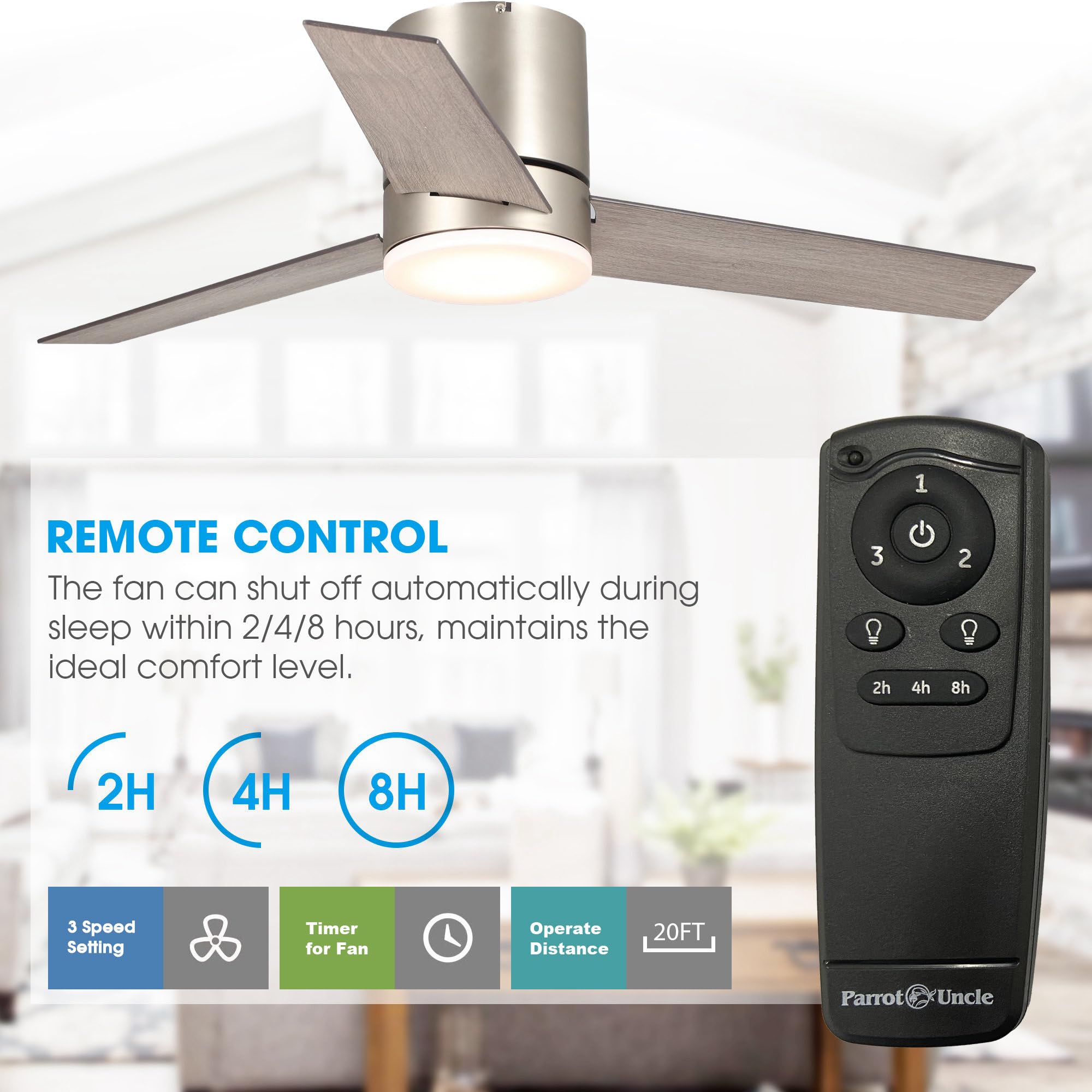 Parrot Uncle 48 Inch Low Profile Flush Mount Ceiling Fan with Light - Adjustable Color Temperature, Remote Control, Satin Nickel Finish - Perfect for Bedrooms, Living Rooms & Home Offices