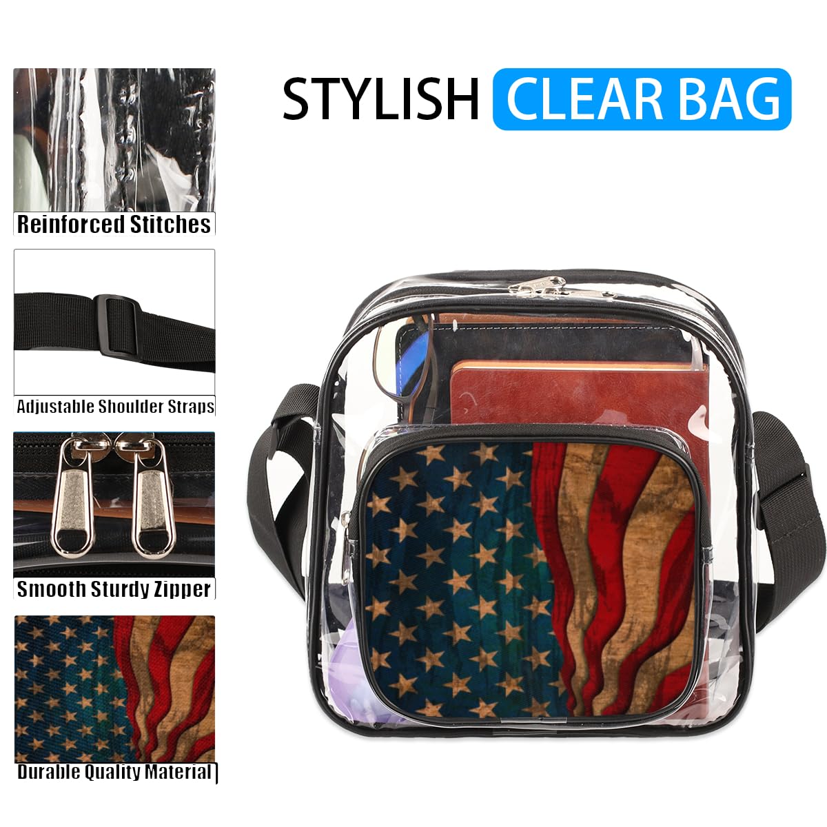 **Mularoka American Flag Clear Crossbody Purse Bag - Stadium Approved Clear Tote for Women & Men - Rustic Flag Design for Festivals, Sports Events & Concerts - Perfect for NFL Games, Music Festivals & Outdoor Activities**
