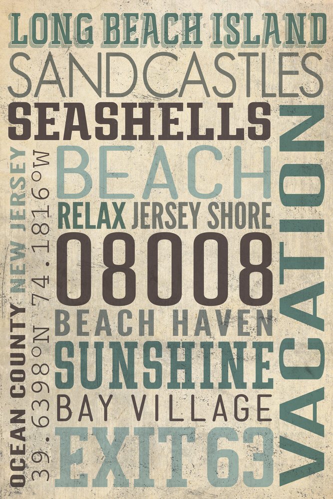 Lantern Press Long Beach Island New Jersey Typography Art Print - 16x24 Wrapped Canvas Wall Decor for Living Room, Bedroom & Office
