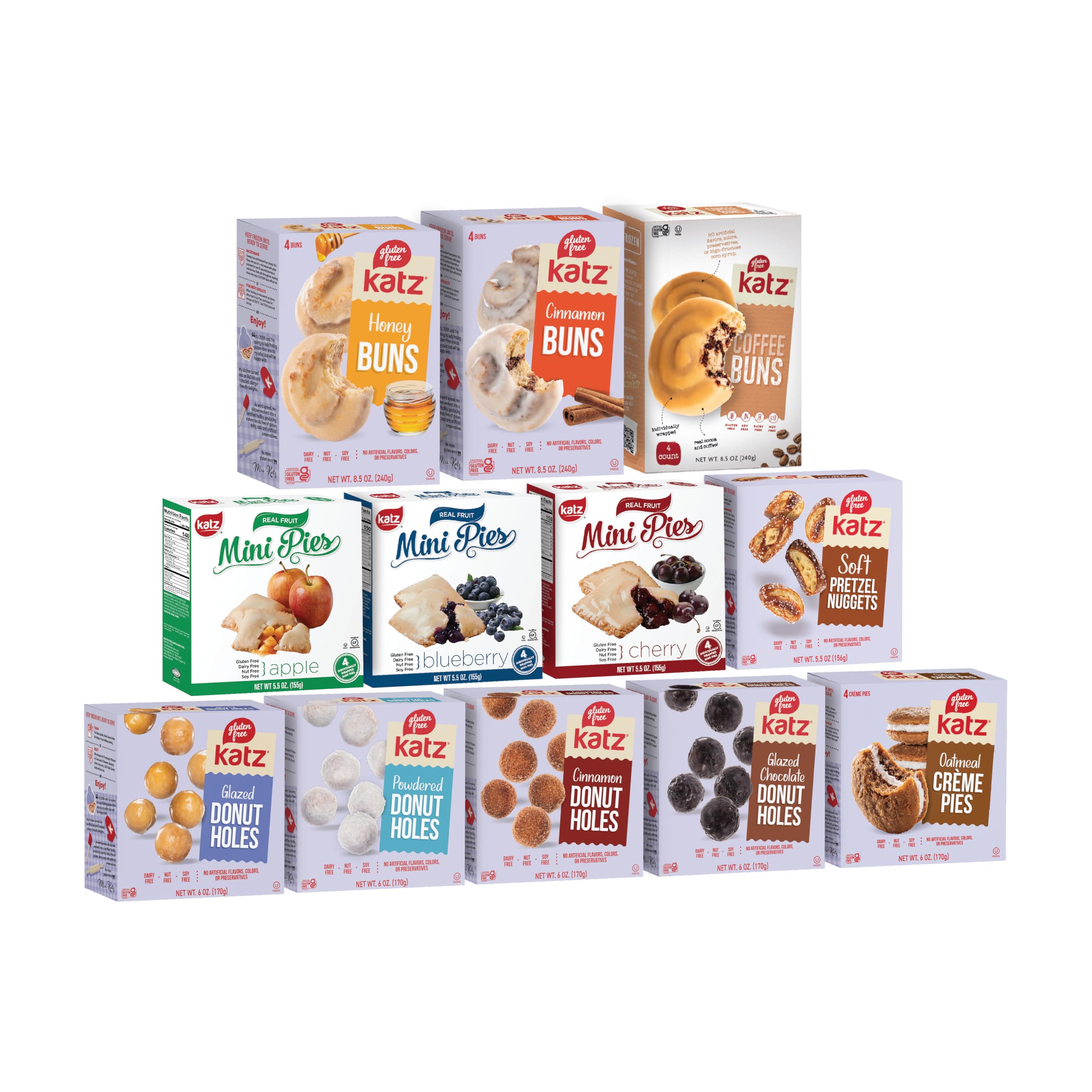 **Katz Gluten Free Snacks Variety Pack – 12 Count | Cinnamon Rolls, Pretzel Nuggets, Fruit Pies, Creme Pies, Donuts & Donut Holes | Dairy Free, Nut Free, Soy Free, Kosher Certified | Perfect for School Lunches, Road Trips & Office Snacks**