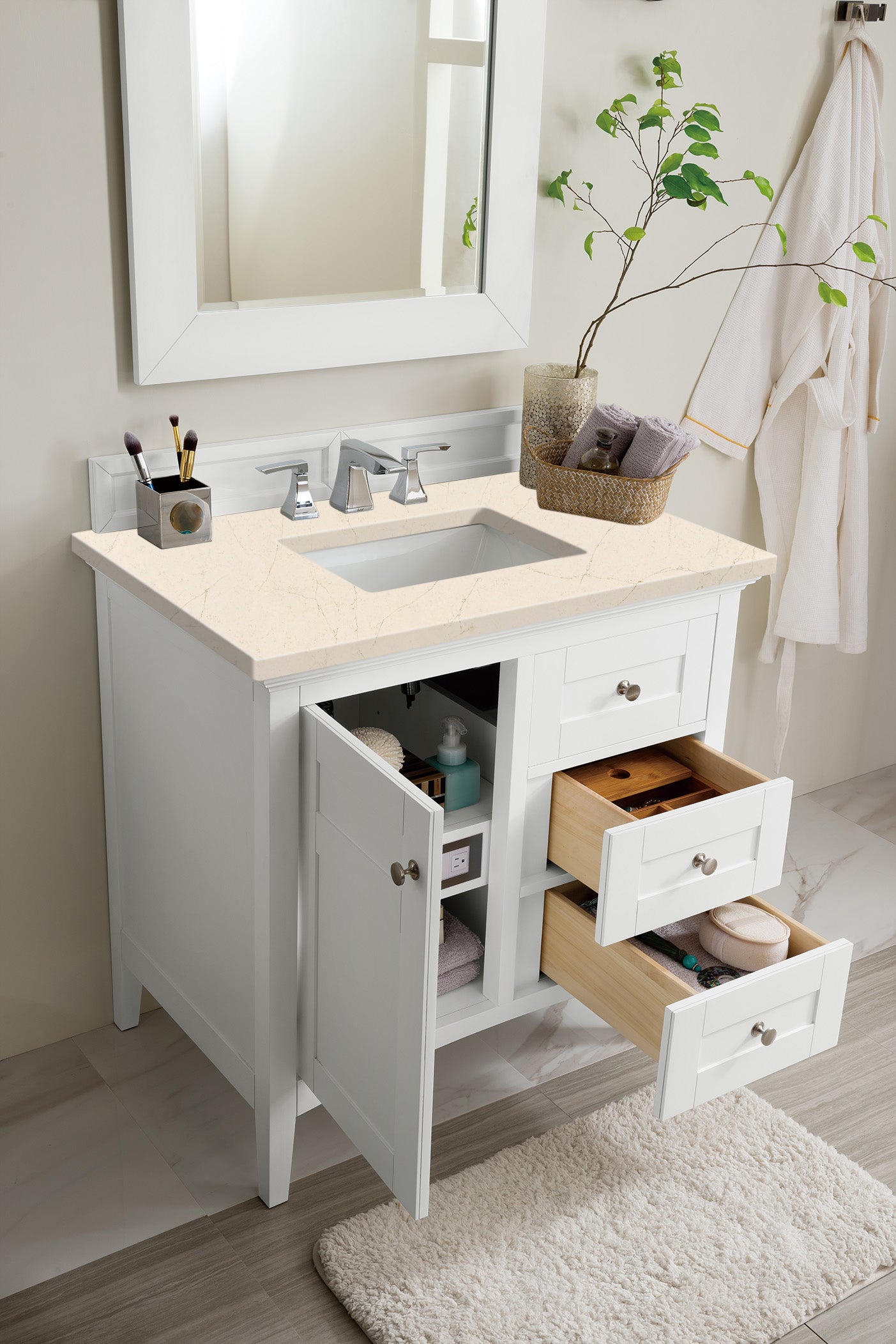 Palisades 36 Inch Single Bathroom Vanity Set with 3CM Eternal Marfil Quartz Countertop in Bright White - Perfect for Modern Master Bathrooms and Guest Suites