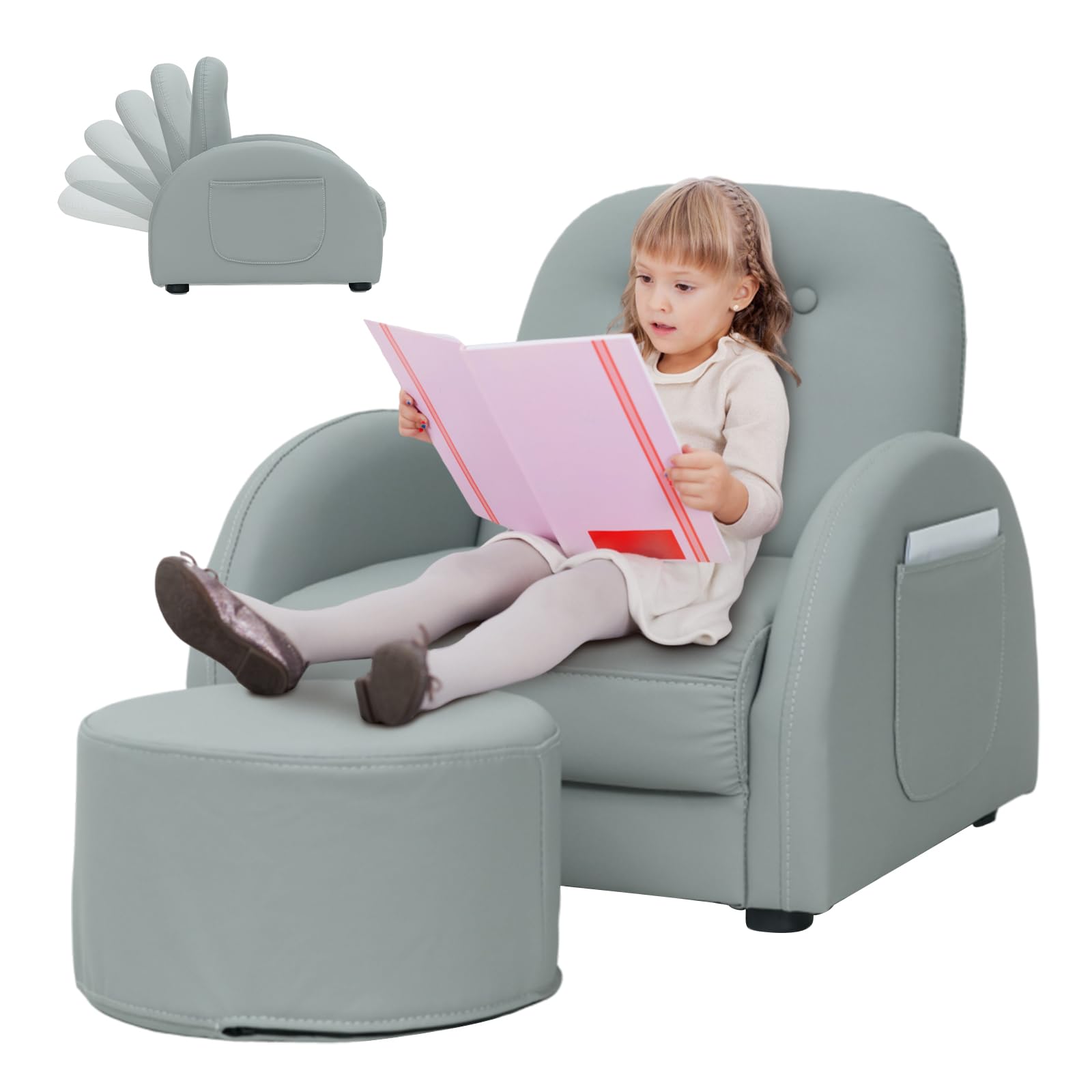 MOOITZ Adjustable Kids Recliner Chair with Ottoman - 5-Position Leatherette Toddler Recliner, Waterproof & Stain-Resistant, Gray - Perfect for Nursery, Playroom or Kids Bedroom Relaxation
