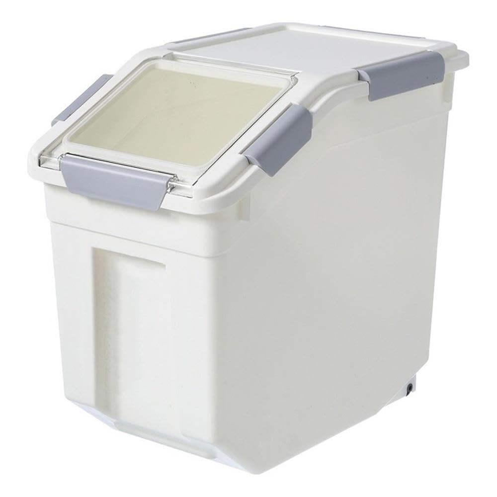 HANAMYA 32.5 Liter (35 lbs) BPA-Free Pet Food Storage Container with Measuring Cup - Airtight Dry Food Bin for Dog Food, Cat Food, Rice, Grain & Flour - Ideal for Kitchen Pantry Organization (White & Gray, 1 Count)