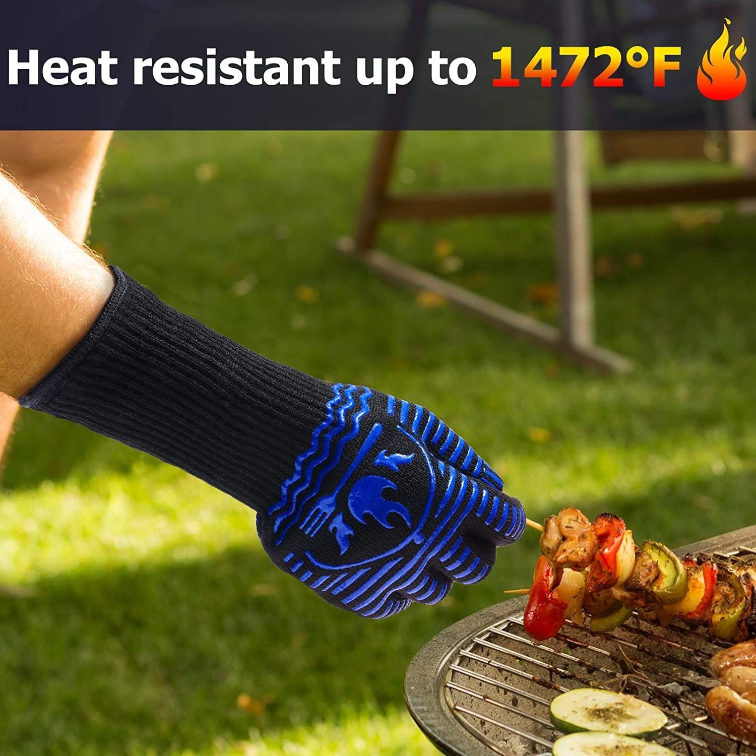 Heat Resistant BBQ Gloves - 1472°F Extreme Heat Protection, Non-Slip Food Grade Silicone Oven Mitts for Grilling, Baking, Smoking & Kitchen Use - Perfect for Outdoor Cooking, Camping & Backyard Barbecues (14 Inch)