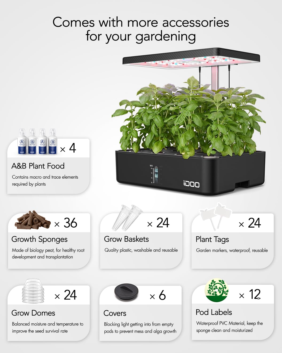 iDOO 12-Pod Hydroponic Growing System Kit with LED Grow Light, Built-in Fan & Auto Timer - Indoor Herb Garden for Home, Adjustable Height up to 11.3