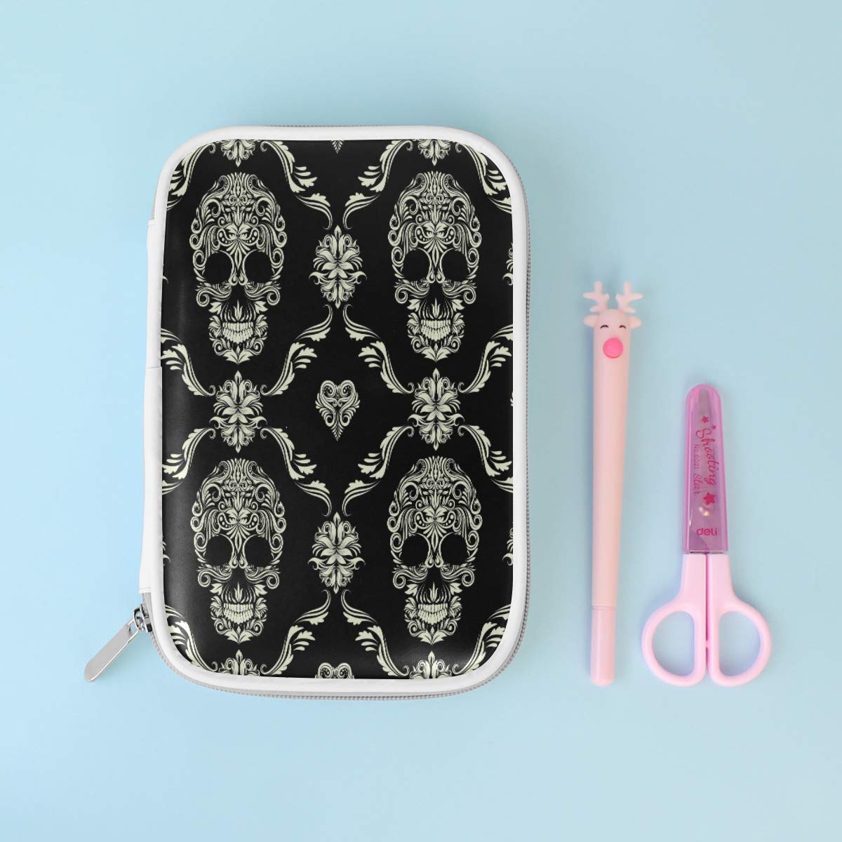 ZZKKO Sugar Skull Pencil Case - Day of the Dead Zipper Pouch for School & Office Supplies