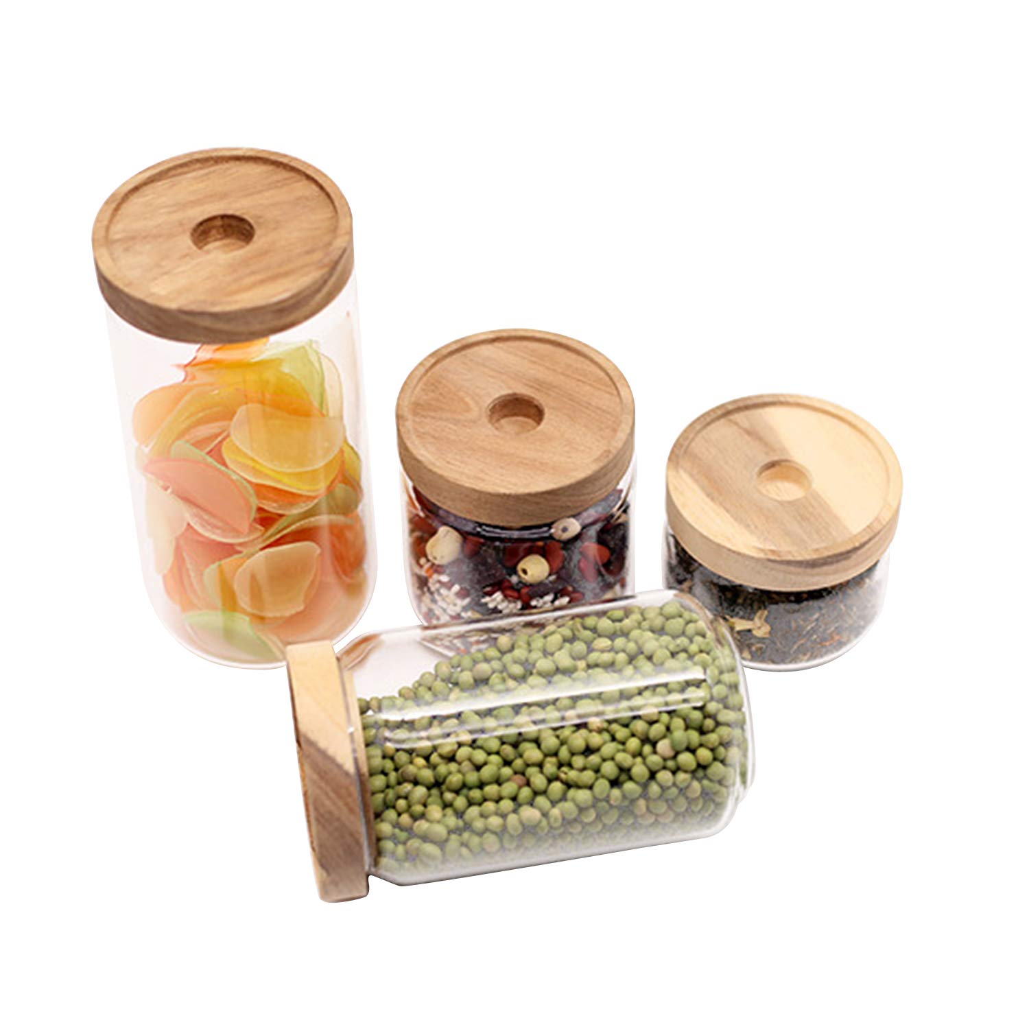 Premium Borosilicate Glass Food Storage Jars Set of 4 with Airtight Wooden Lids - Ideal for Coffee, Tea, Candy, Spice & Dry Food Organization in Kitchen, Pantry or Office