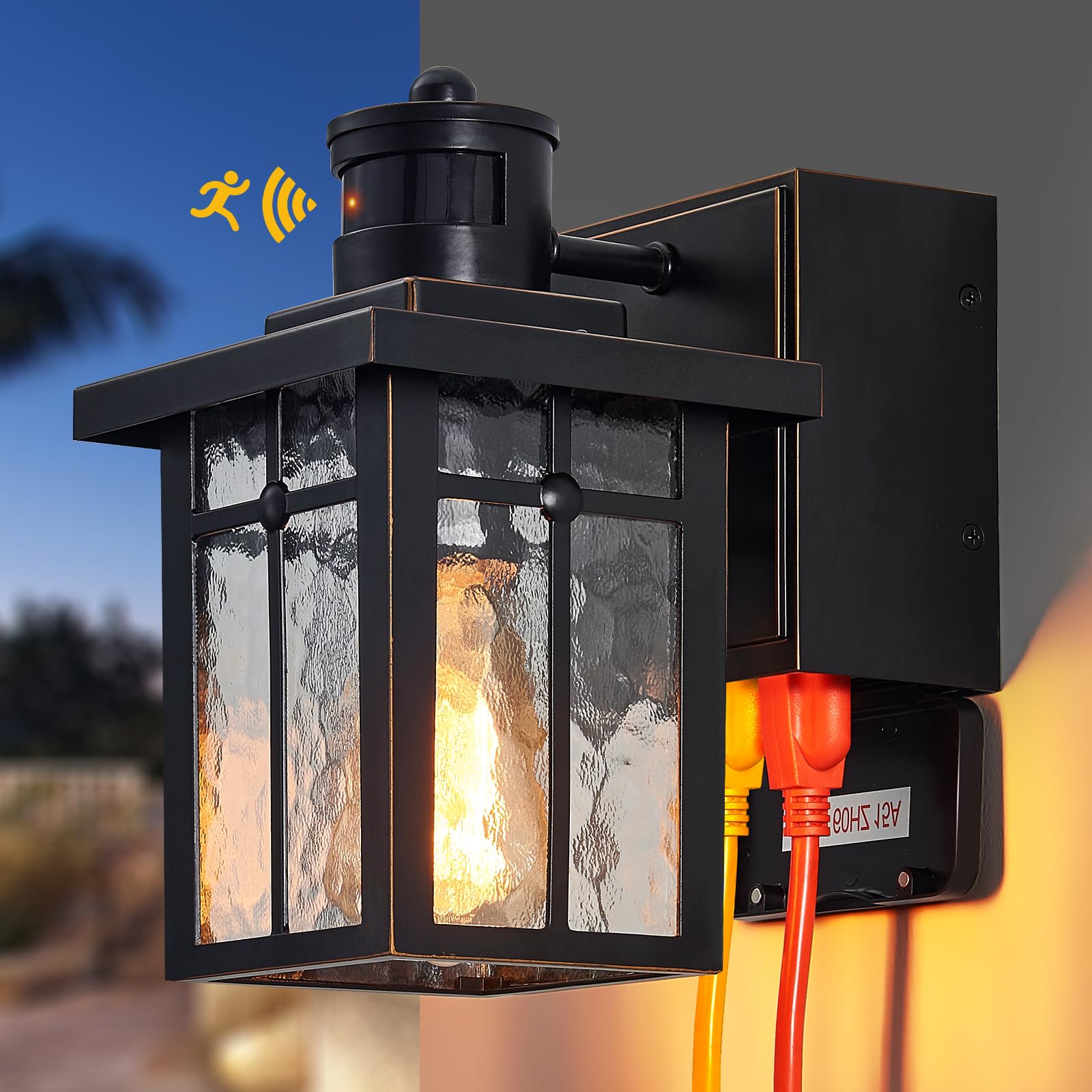 Outdoor Porch Lights with GFCI Outlet - Dusk to Dawn Motion Sensor, 3 Lighting Modes, Waterproof Exterior Wall Light for House, Patio, Garage - Perfect for Front Door Security & Nighttime Illumination