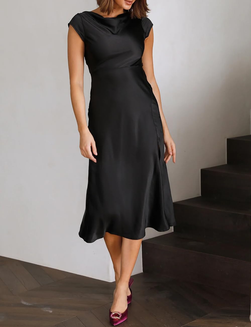 Elegant Backless Satin Midi Dress for Women | Summer Wedding Guest & Cocktail Party Dress 2025 | Sexy Cowl Neck with Slit & Twist Cap Sleeves | Perfect for Beach Vacations, Date Nights & Formal Events