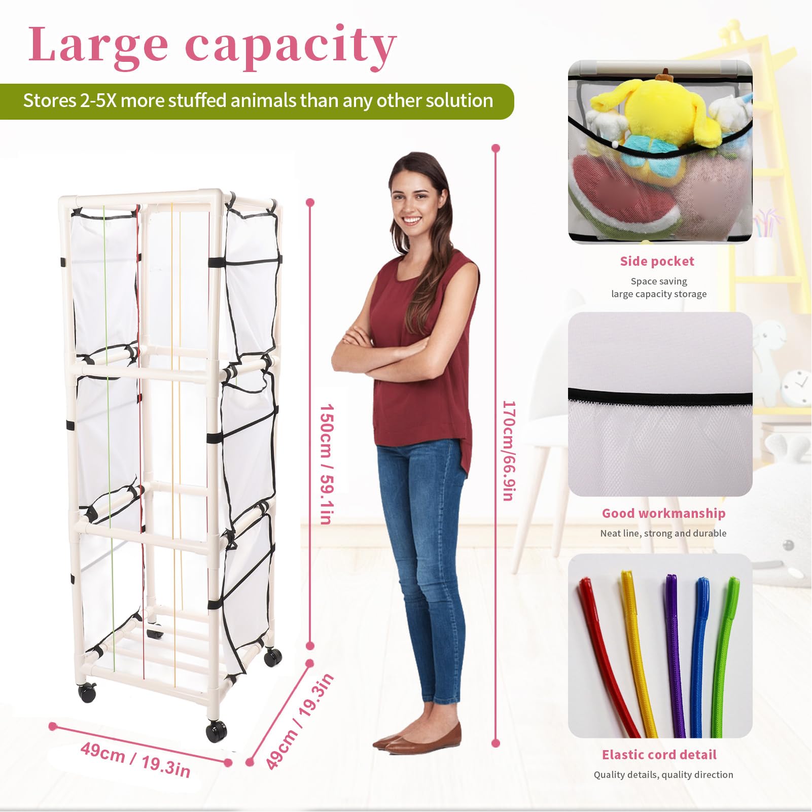Soft Plush Animal Storage Organizer with Metal Frame, Elastic Bands & Wheels - Stuffed Toy Holder for Nursery, Playroom & Bedroom Decor - Perfect for Kids' Room Organization & Toy Storage Solutions