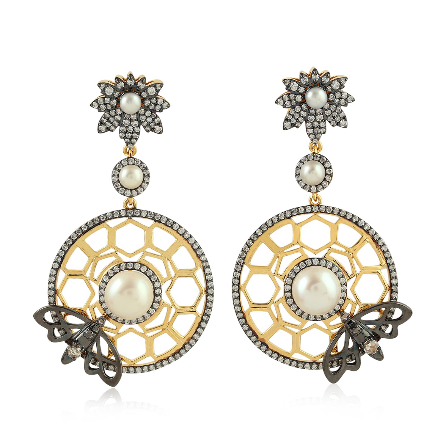 18K Yellow Gold Oxidized Bezel Pearl & Pave Diamond Butterfly Honeycomb Dangle Earrings - Elegant Jewelry for Women, Perfect for Parties, Weddings & Special Occasions