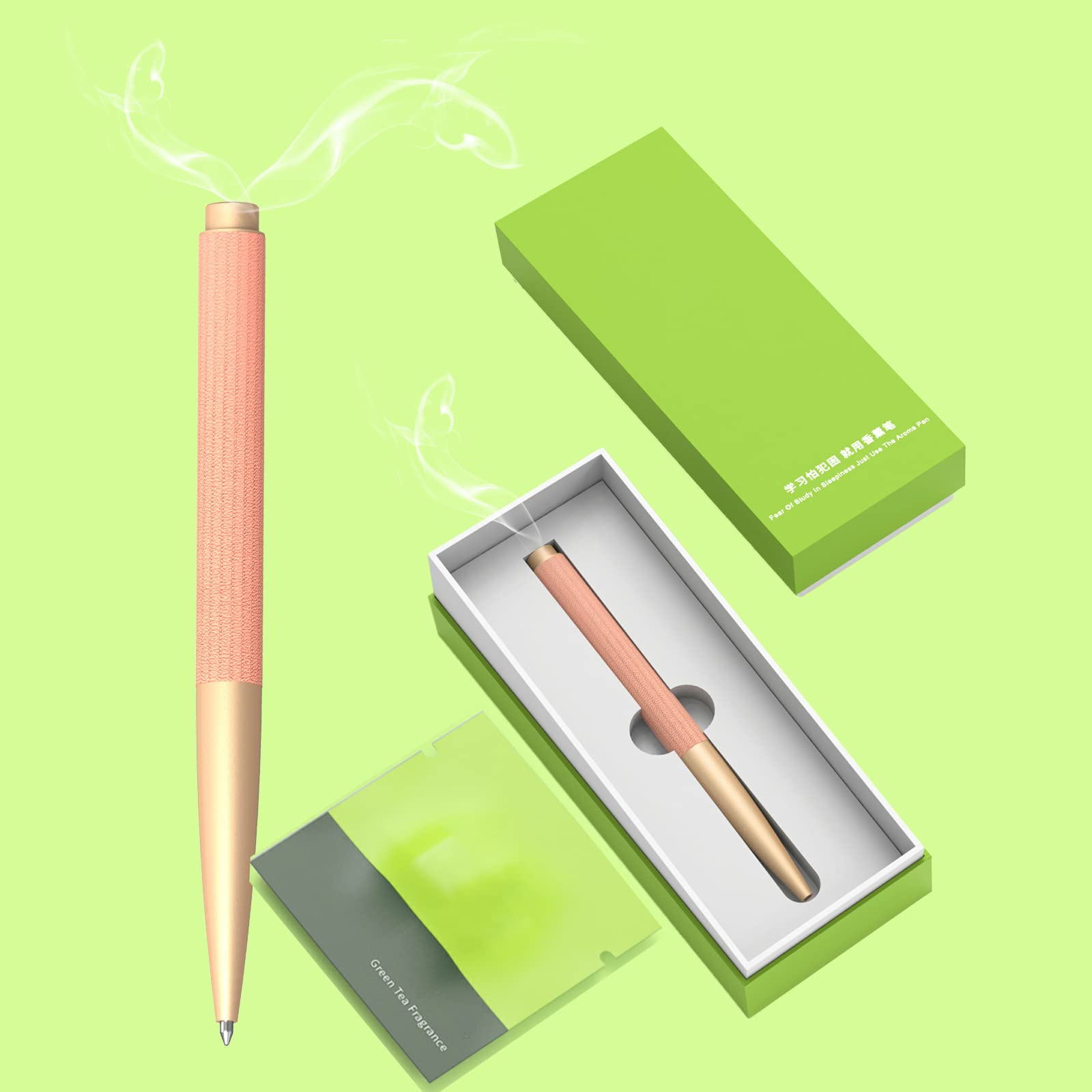 Aromatherapy Ballpoint Pens with Mint Green Tea Scent | 0.5mm Black Ink Writing Pens & Leather Air Fresheners | Perfect Gift for School, Office, Friends & Family | Christmas Present Idea (Green Tea, Pink) | Great for Stress Relief, Focus & Home Fragrance