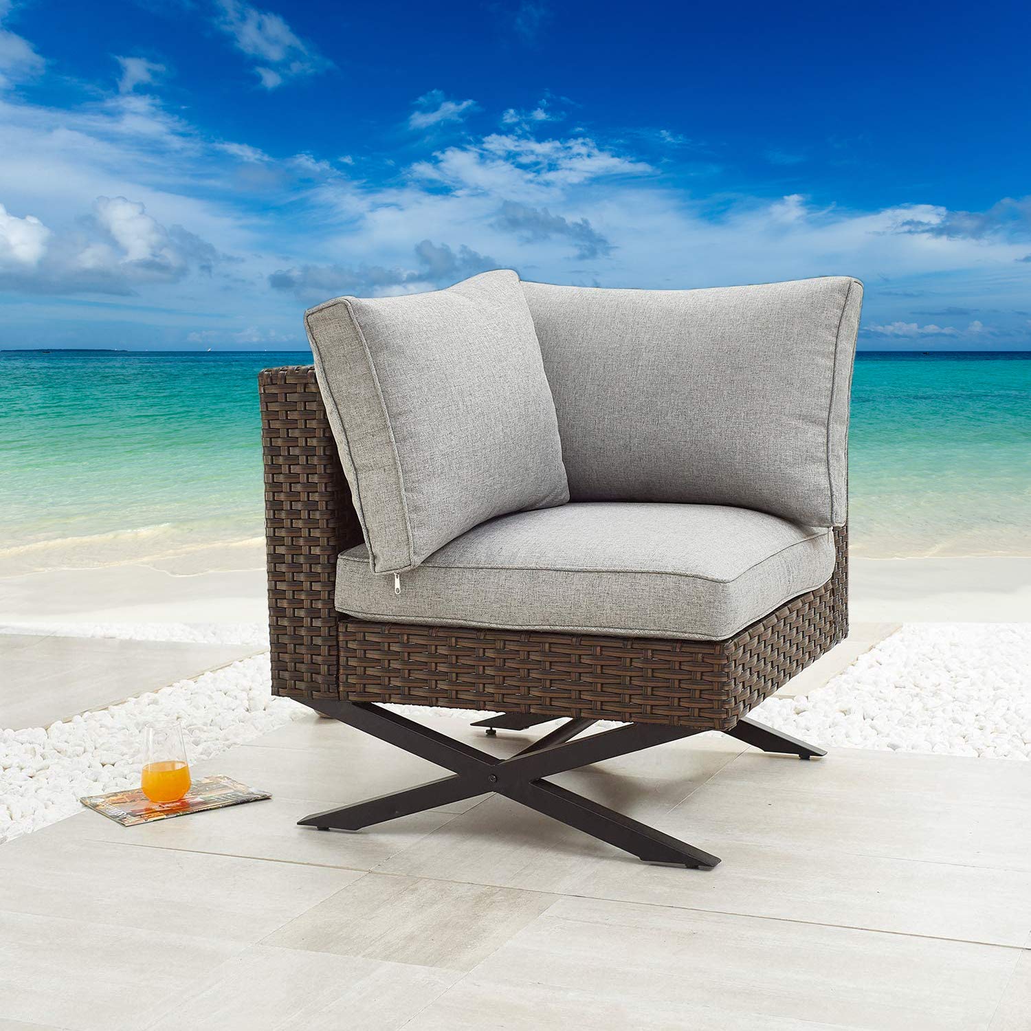 Wicker Patio Chair with Left Armrest & Thick Cushions - Rattan Dining Chair with X-Shaped Metal Legs - All-Weather Outdoor Furniture for Garden, Yard, Poolside, Patio & Backyard Relaxation