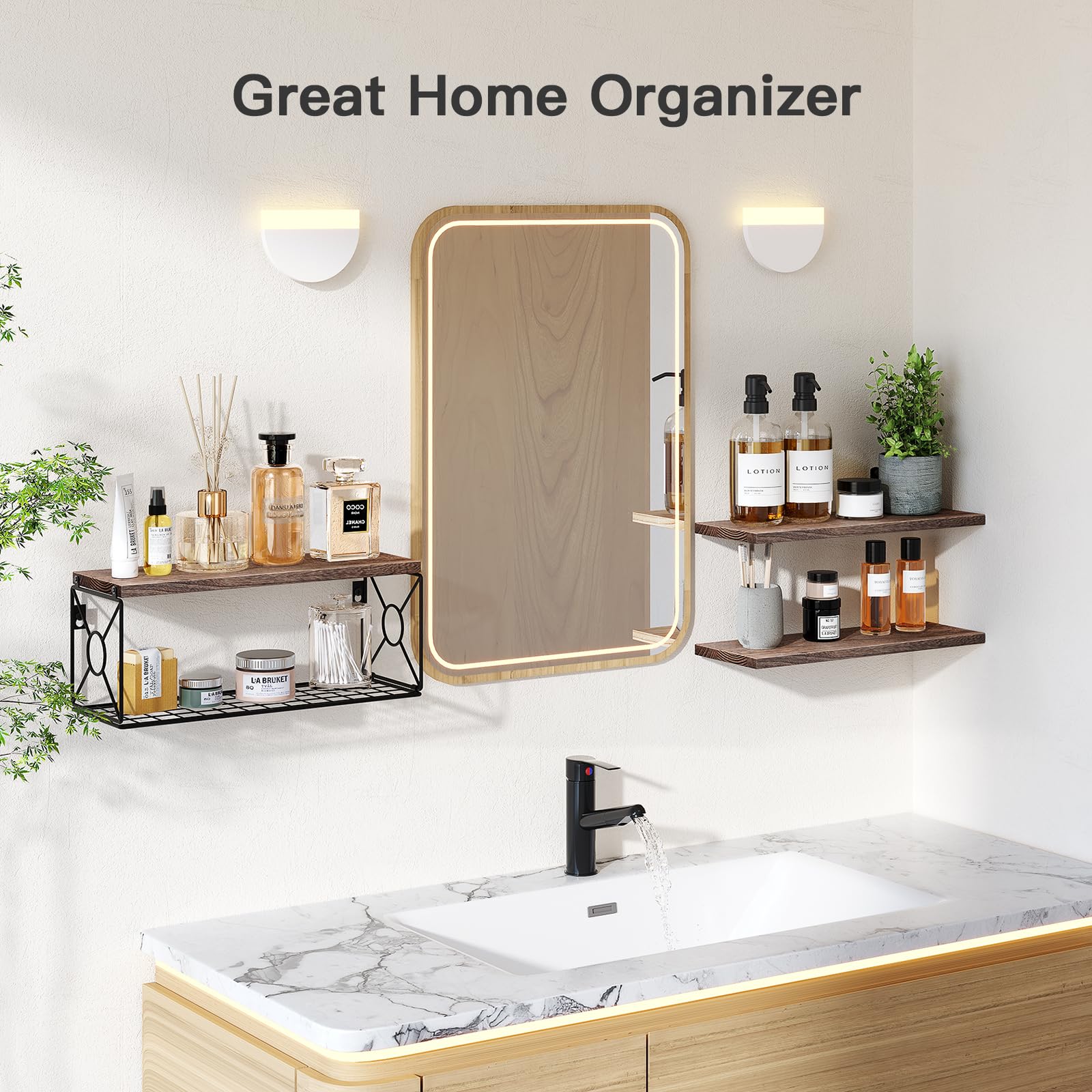 AMADA HOMEFURNISHING Floating Bathroom Shelves with Storage Basket - 3-Pack Natural Wood Wall Shelves for Bathroom, Bedroom & Kitchen Organization - Perfect for Small Space Storage & Home Decor