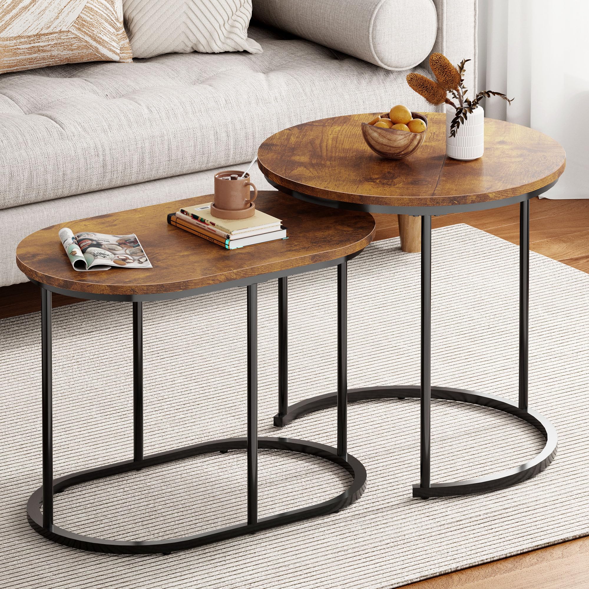 SogesHome Round Nesting Table Set of 2 - Stacking Side Tables with Marble Pattern in Gold & Vintage Brown - Perfect for Living Room, Balcony, Office, and Small Space Decor