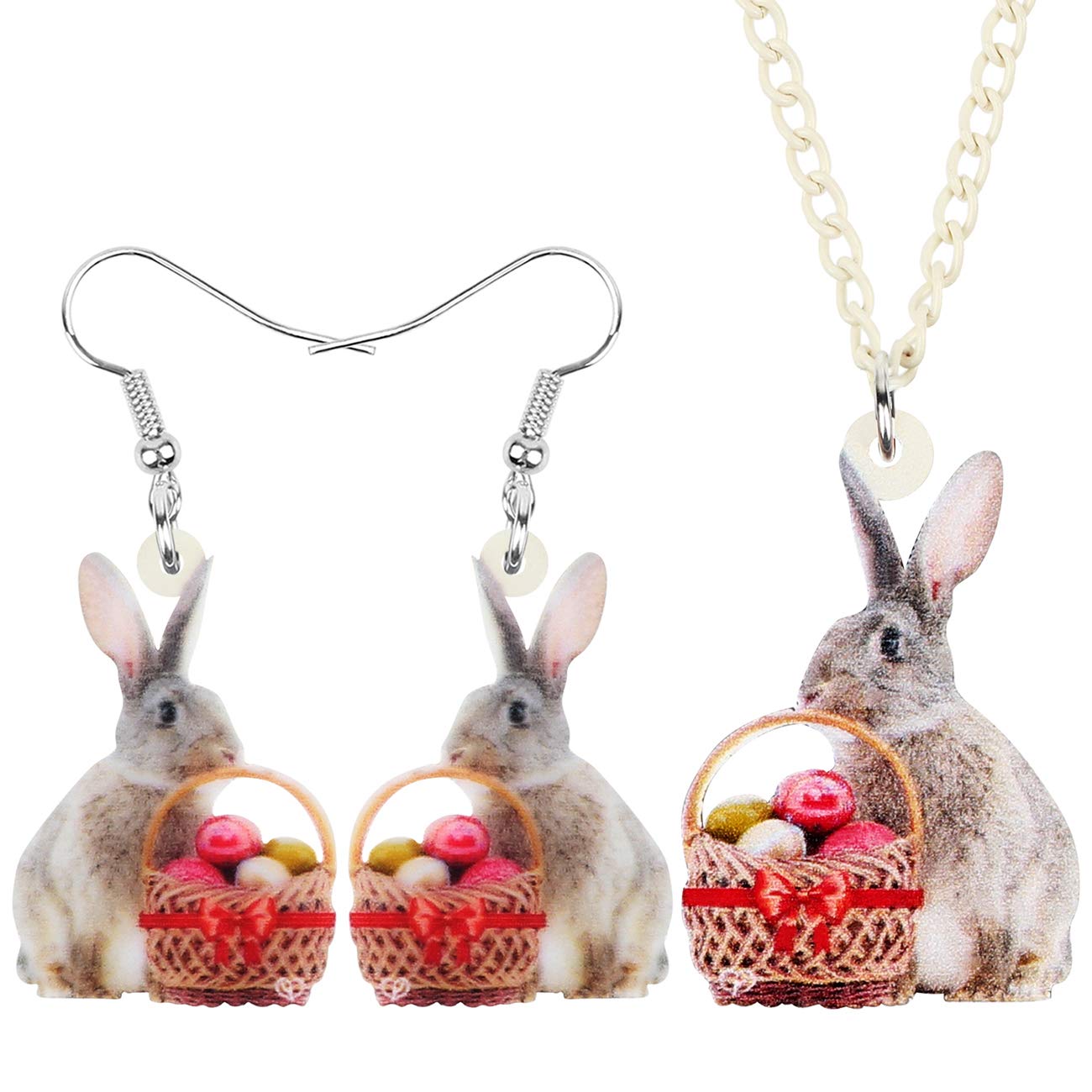 WEVENI Acrylic Easter Egg Basket Bunny Hare Jewelry Set - Rabbit Earrings & Necklace Pendant Gift for Women (Red) | Easter Party, Spring Festival, Birthday Gift, Mother's Day Present
