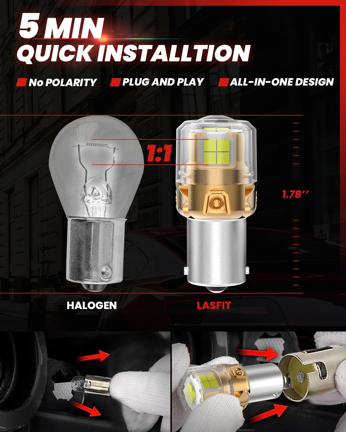 LASFIT L2 1156 LED Bulbs Reverse Lights - 2024 Upgraded 500% Brighter 7506 P21W 1003 BA15S LED Lamps with Projector Lens - Xenon White 6000K Backup Lights (2-Pack) - Perfect for Daytime Running & Nighttime Reversing in Cars, Trucks, SUVs