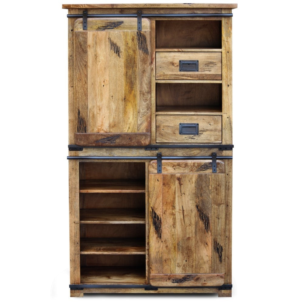 Industrial Mango Wood Cabinet - Large Sliding Door Pantry Wardrobe for Kitchen, Bedroom & Living Room Storage | Cromer Slider