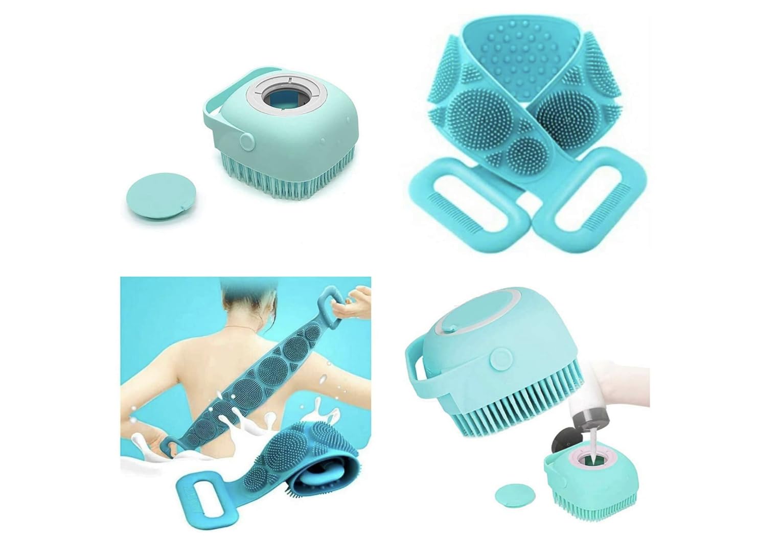 SBTs® 2-Pack Silicone Bath Brush Set with Shampoo Dispenser & Back Scrubber - Soft Body Cleaning Brush for Men, Women & Kids (Multi-Color) | Gentle Exfoliation & Massage for Shower, Bath & Spa Days