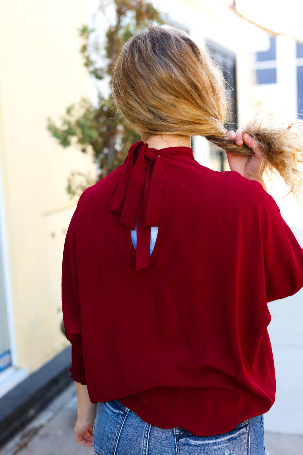 Bold Dreams Wine Smocked Three Quarter Sleeve Tie Back Top - Elegant Women's Blouse for Date Night, Cocktail Parties & Summer Outings