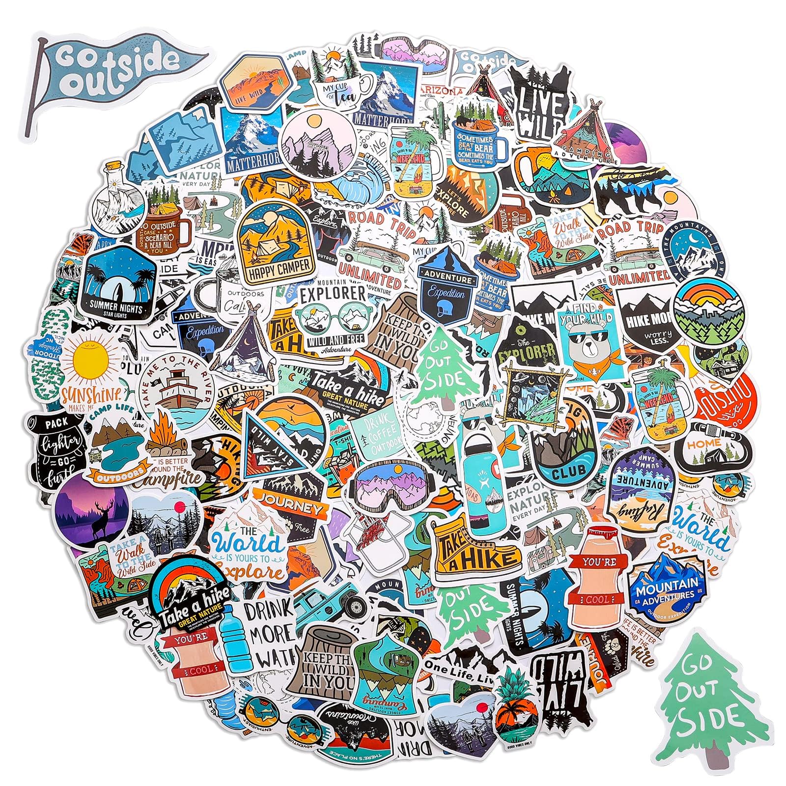 100 PCS Waterproof Outdoor Camping Stickers - Hiking, Travel, Adventure Decals for Water Bottles, Laptops & Gear - Bulk Stickers for Teens, Kids, Adults - Perfect for Nature Lovers & Outdoor Enthusiasts