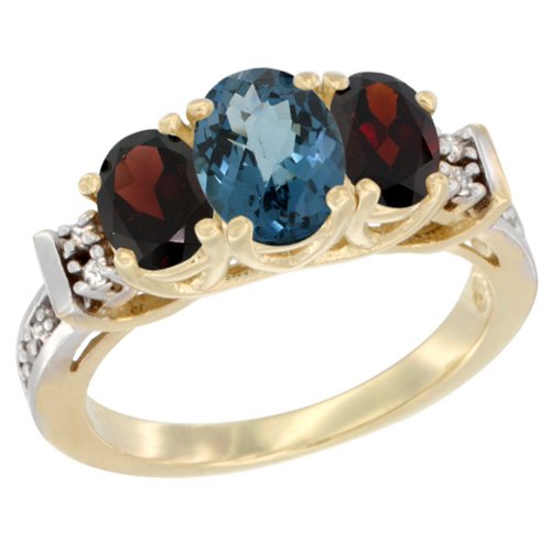 14K Yellow Gold Natural London Blue Topaz & Garnet 3-Stone Ring with Oval Diamond Accents - Elegant Birthstone Jewelry for Women, Perfect for Anniversary, Engagement, and Special Occasion Gifts