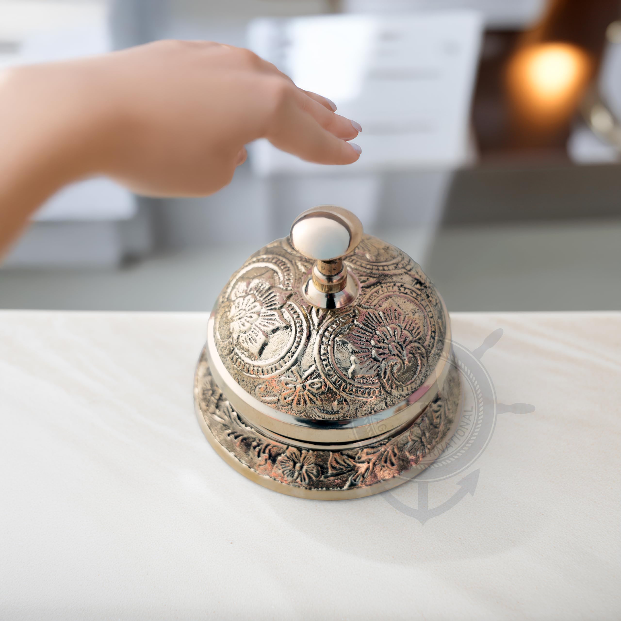 Nagina International Antique Solid Brass Classic Office Desk Bell with Traditional Artwork - Loud Ringing Call Bell for Office, Reception, Home, and Restaurant Use