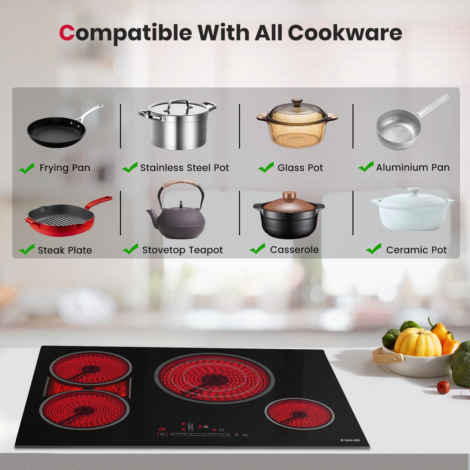 GASLAND 30 Inch Built-in Electric Cooktop with 4 Burners - ETL & FCC Certified, Radiant Ceramic Surface, Sync & Triple Burners, Slide Touch Control, Child Lock, Hot Surface Indicator, 240V - Perfect for Modern Kitchens, Home Cooking & Professional Chefs