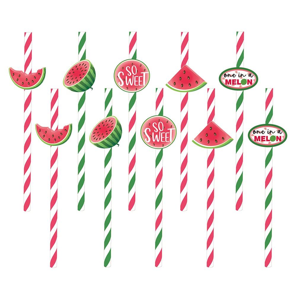 40 Pack Colorful Watermelon Printed Paper Straws - Eco-Friendly Disposable Drinking Straws for Summer Parties, Beach Events, Birthday Celebrations & Hawaiian Luau Decorations