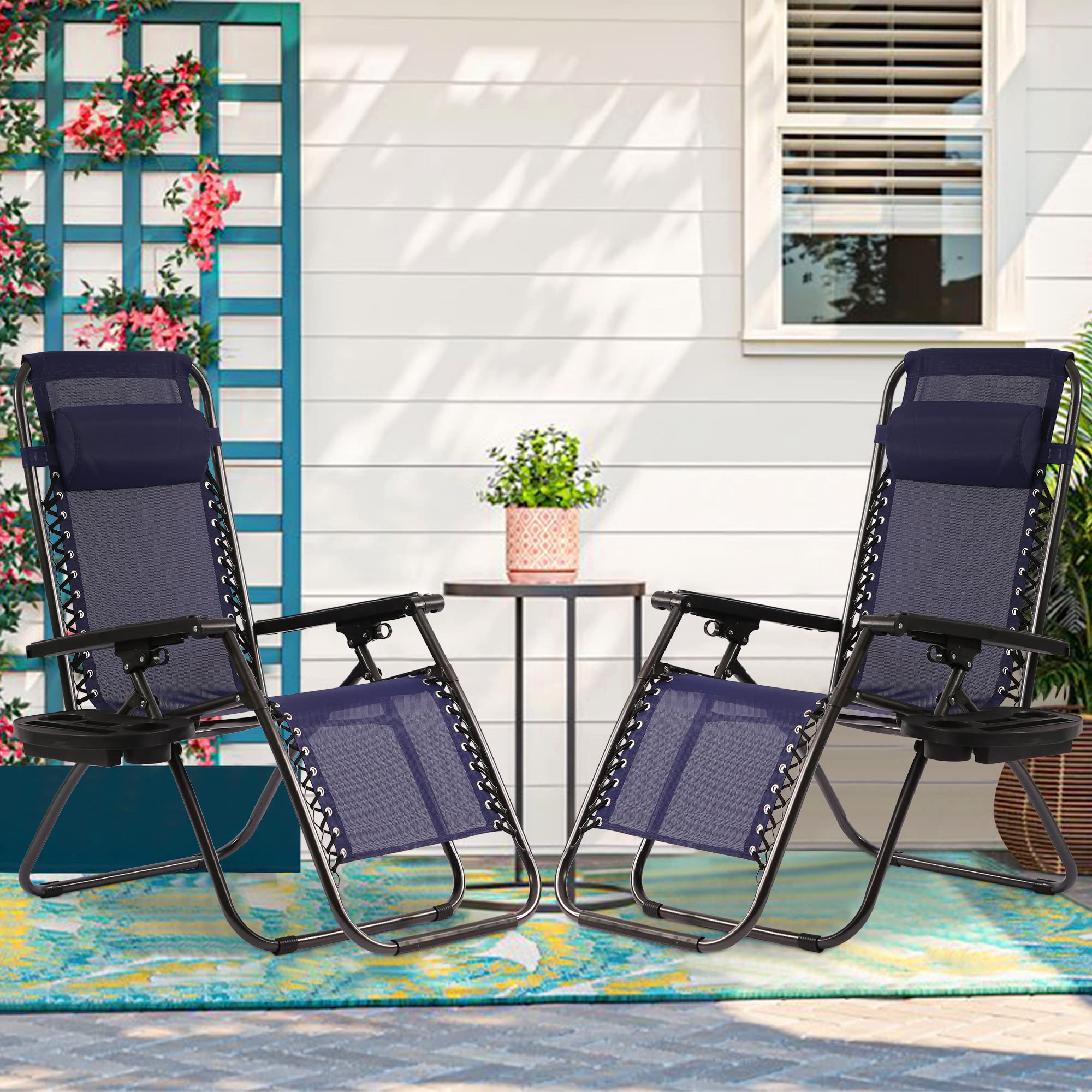Zero Gravity Chair Set of 2 - Adjustable Folding Outdoor Lounge Chairs with Removable Pillow & Cup Holder | Portable Camping, Patio, Beach & Poolside Recliners | Comfortable Mesh Anti-Gravity Chairs for Backyard, Garden & Relaxation (Blue)