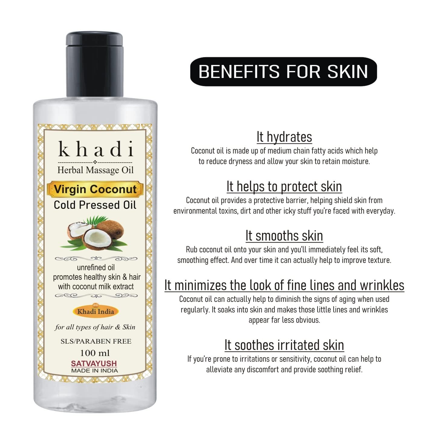 Organic Satvayush Khadi Extra Virgin Cold Pressed Coconut Oil - 100% Pure Natural Hair & Skin Care, Baby Massage Oil - 100ml (Pack of 1) - Perfect for Daily Moisturizing, Scalp Treatment & Aromatherapy