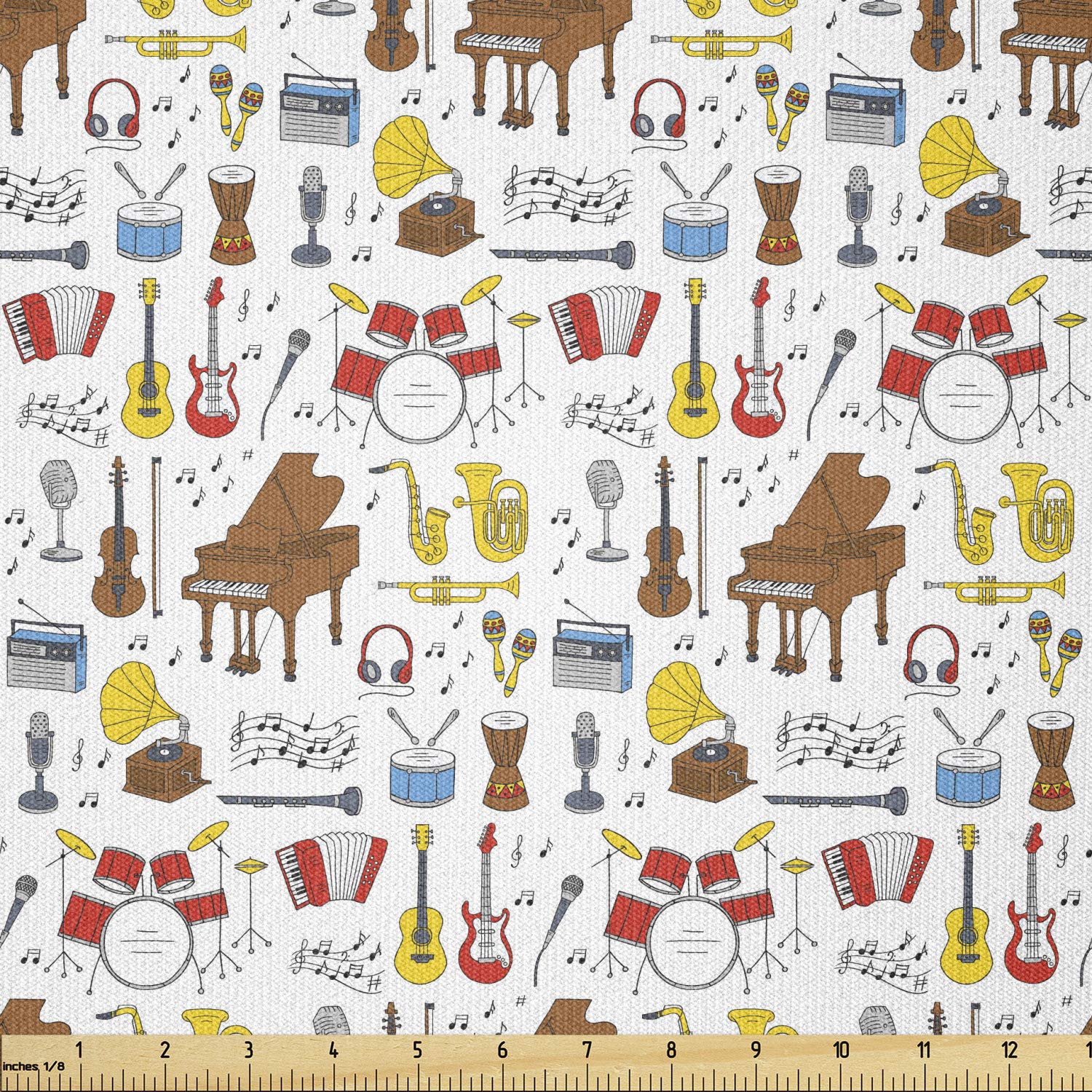 Ambesonne Jazz Music Fabric by The Yard - Musical Instruments Pattern with Orchestra Drums, Piano, Guitar & Accordion - Stretch Knit Fabric for Clothing, Sewing & DIY Crafts (10 Yards, Multicolor) - Perfect for Jazz-Themed Apparel, Home Decor & Creative Projects