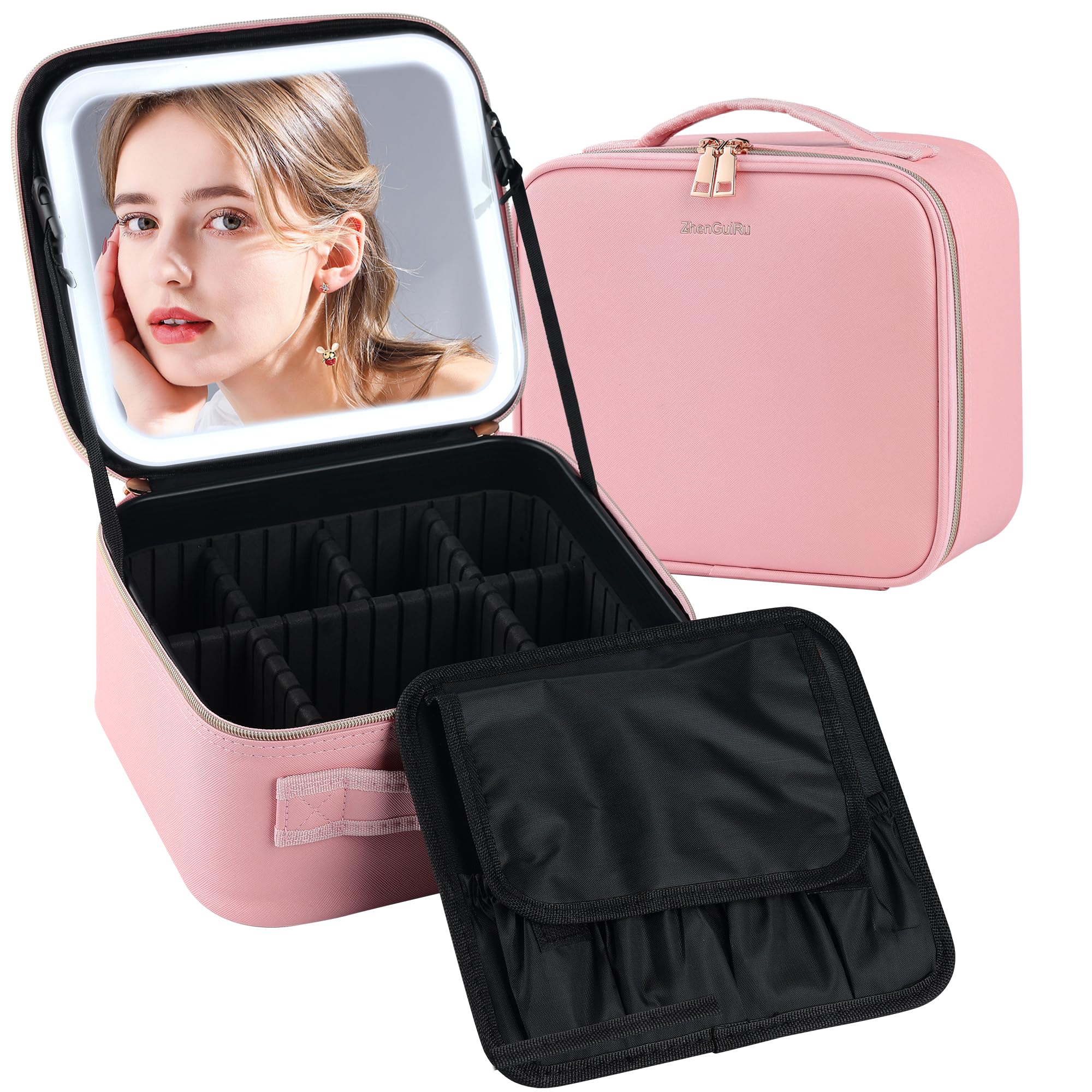 LED Makeup Bag with Lighted Mirror - Portable Travel Cosmetic Organizer with Adjustable Dividers, Waterproof Makeup Train Case for Women | Perfect for Travel, Home Use & Professional Makeup Artists (Pink)