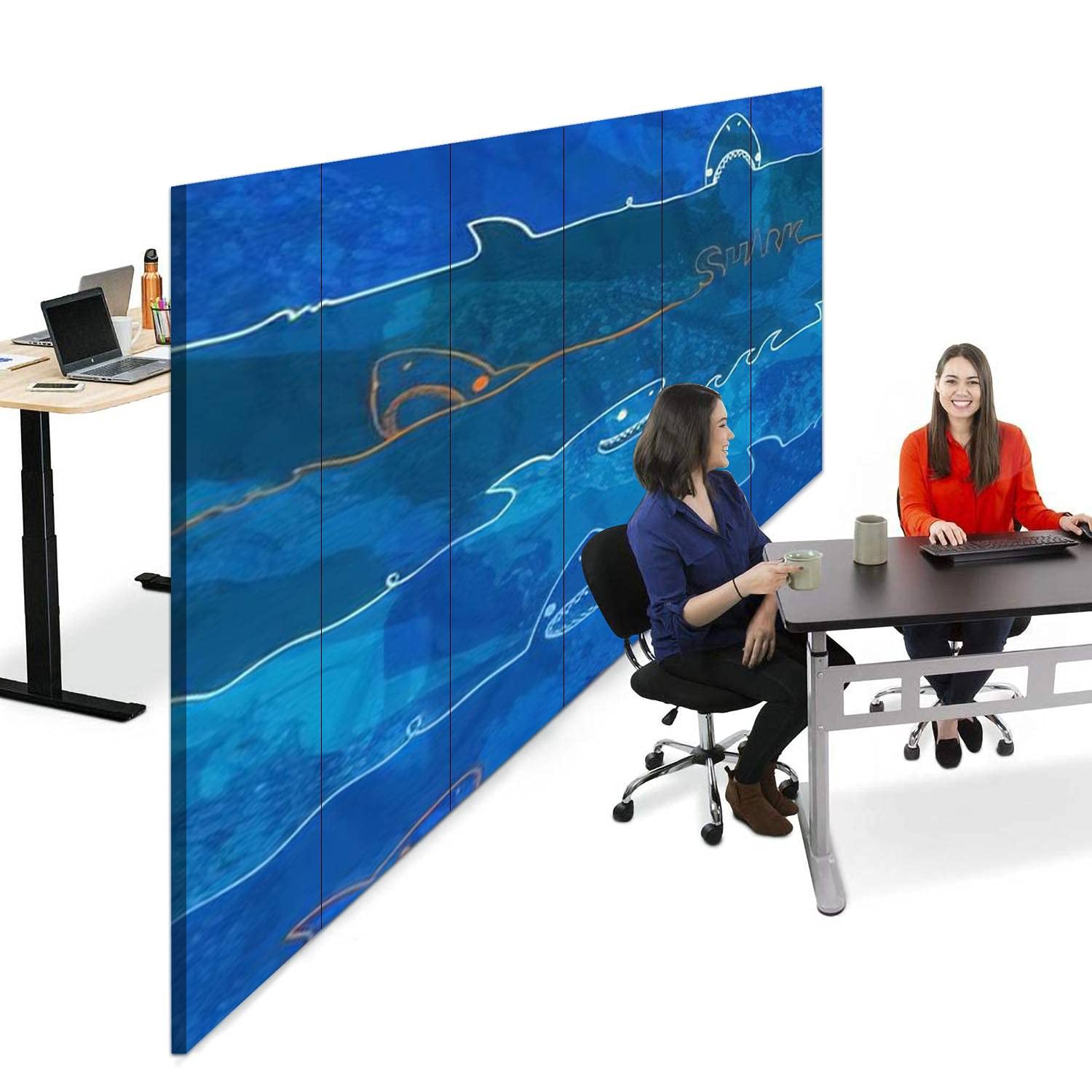6-Panel Canvas Room Divider Screen - Abstract Shark Pattern Underwater Life Design in Grunge Blue | Folding Privacy Partition for Home, Office & Events | Perfect for Room Separation, Decoration & Space Organization