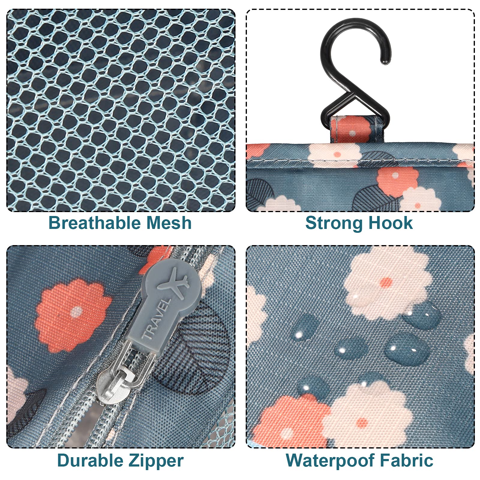 Waterproof Hanging Travel Toiletry Bag for Women - Foldable Cosmetic Organizer with Blue Flower Pattern | Perfect for Camping, Gym & Air Travel Accessories