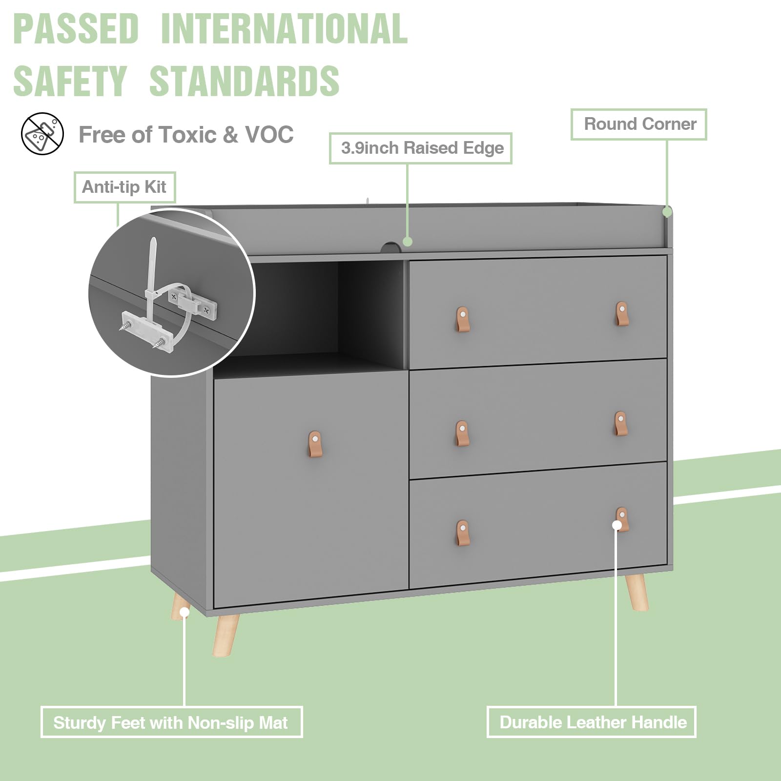 Baby Changing Table with Drawers & Shelves - Nursery Dresser with Hidden Trash Storage, Diaper Changing Station for Infants - Perfect for Daycare, Bedroom & Nursery Organization (Grey)
