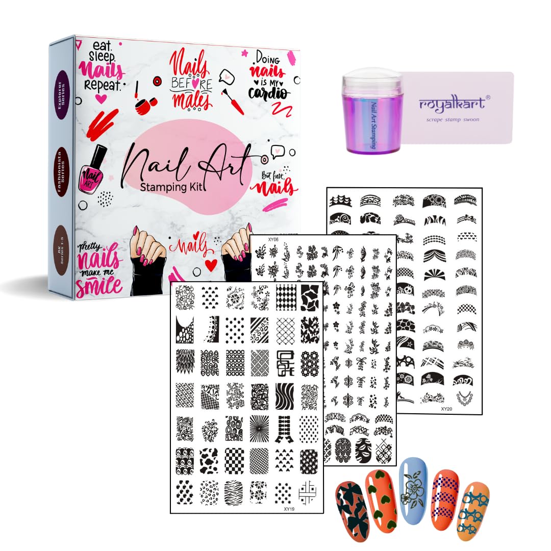 RoyalKart Professional Nail Art Kit for Women - 3 Nail Stamping Plates (XY19,06,20) with Stamper & Scraper - DIY Nail Design Kit for Salon & Home Manicure - Perfect for Parties, Weddings & Gift Giving