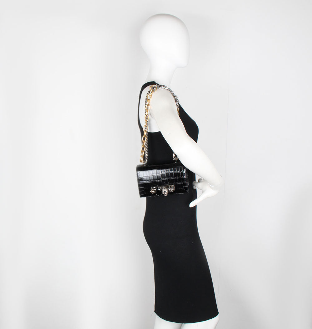 Stylish Crocodile Embossed Black Mini Knuckle Satchel with Jewel Accents - Perfect for Evening Parties, Date Nights & Special Occasions