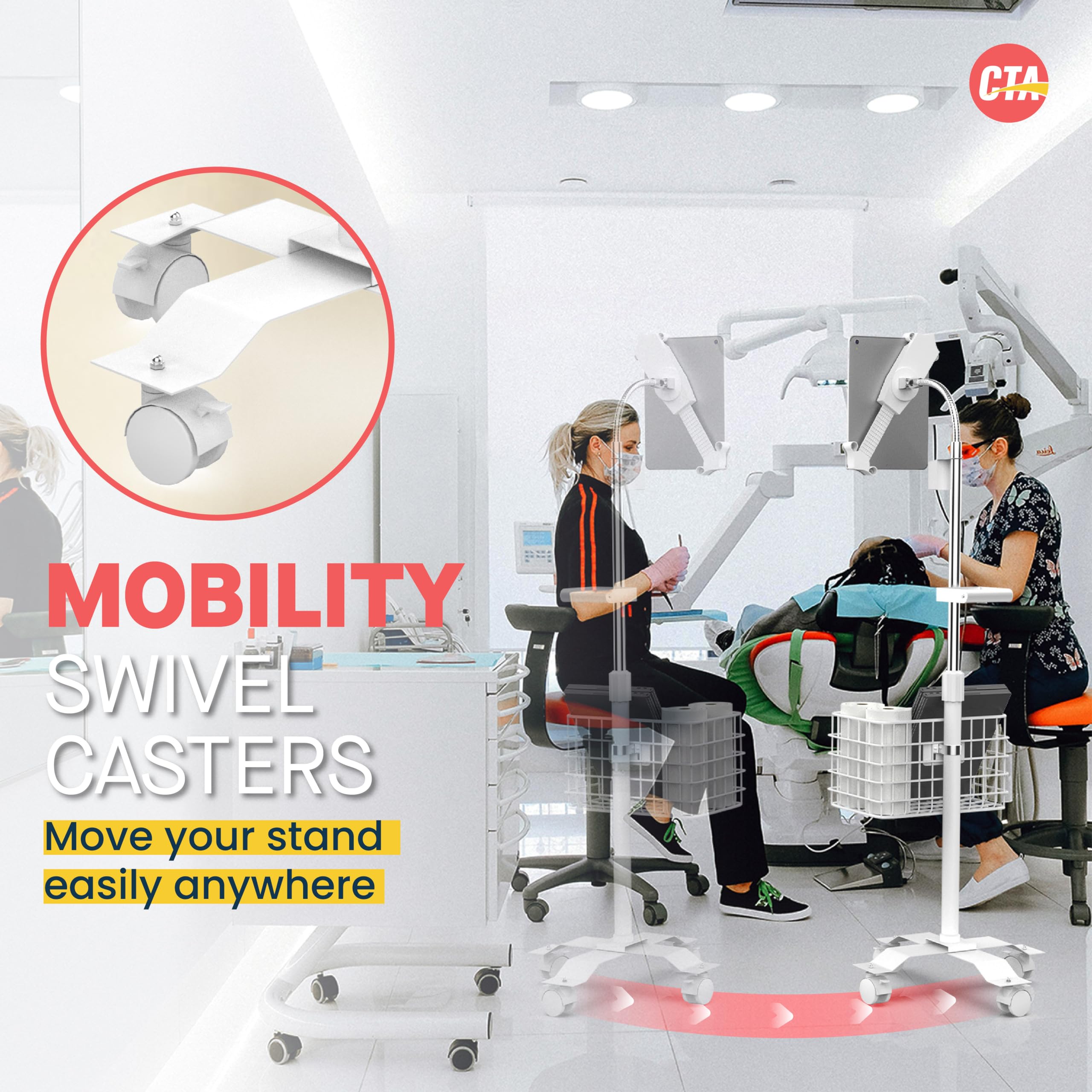 Adjustable Rolling Gooseneck Floor Stand with Metal Basket, Cradle & Handle for iPad 7/8/9 Gen 10.2