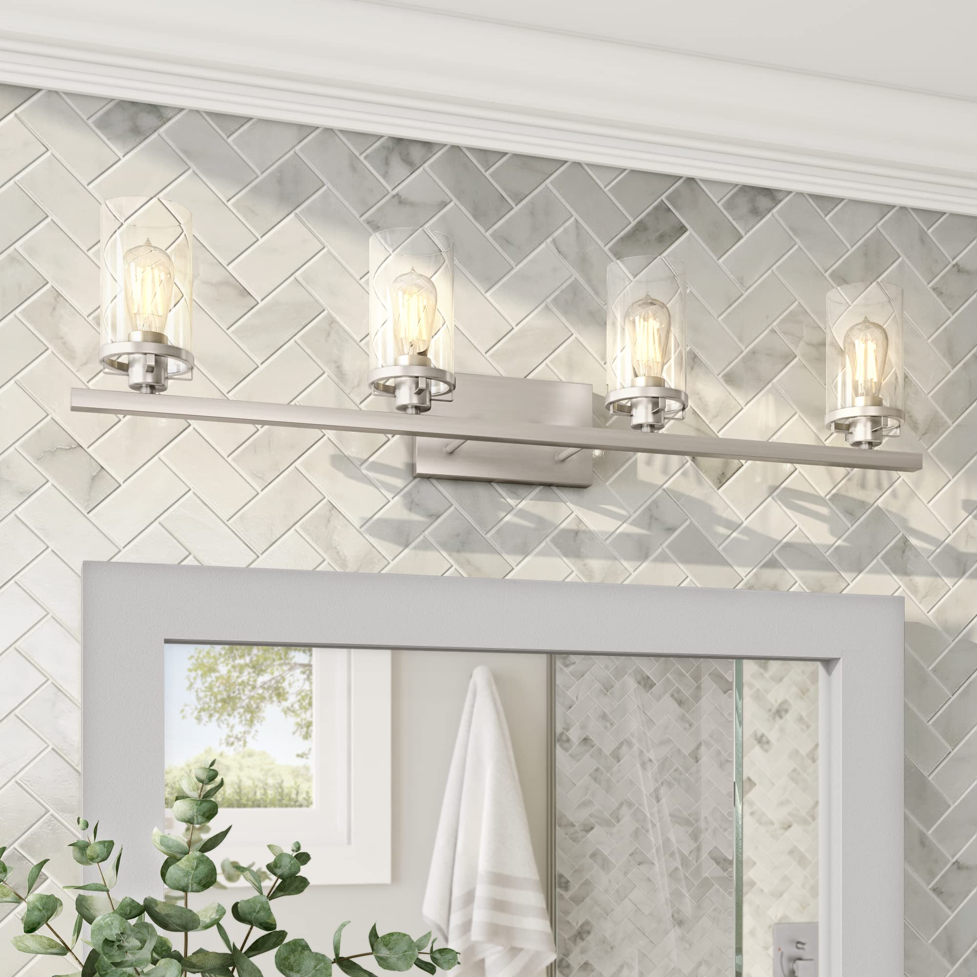 DESIGNERS FOUNTAIN Jedrek 4-Light Bathroom Vanity Light Fixture in Brushed Nickel (Model 93304-BN) - Perfect for Modern Bathroom, Powder Room & Spa Lighting Upgrade