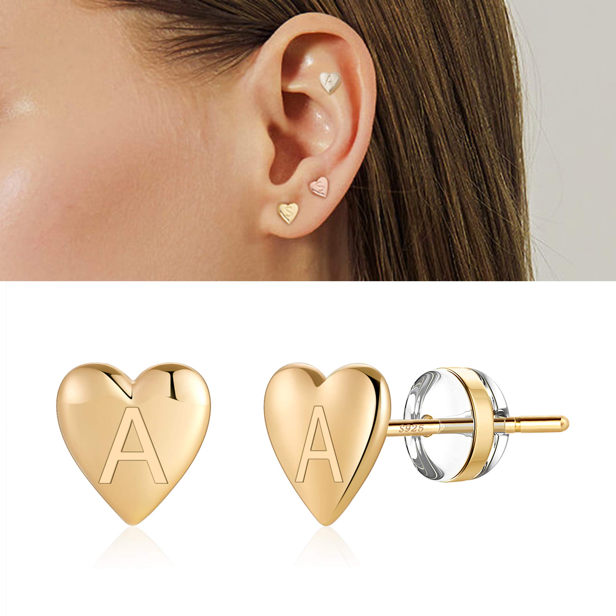 Heart Initial Stud Earrings for Women & Girls - 925 Sterling Silver 14K Gold Plated Hypoallergenic Dainty Letter Earrings | Perfect for Sensitive Ears, Everyday Wear, Gifts & Special Occasions