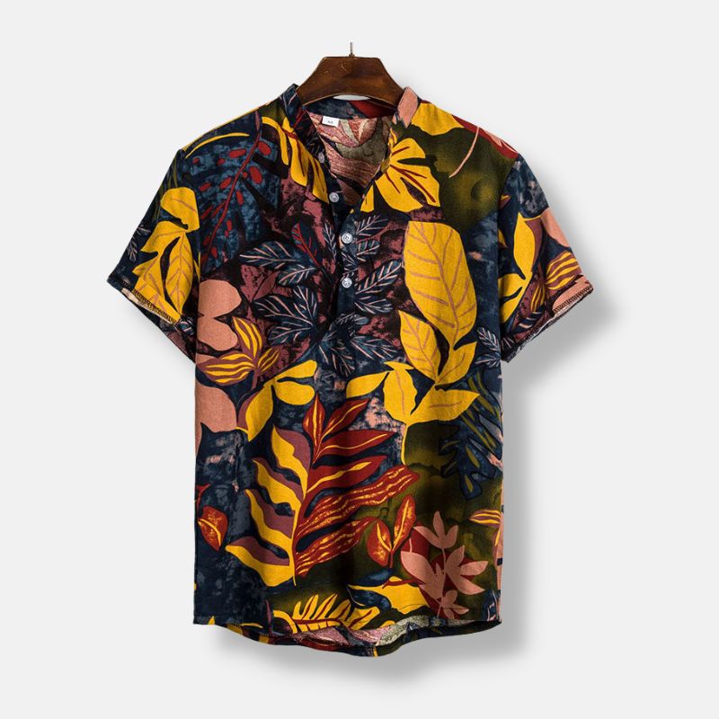 Hawaiian Floral Print Short Sleeve Shirt for Men - Yellow Tropical Summer Shirt - Beach Vacation, Luau Party & Casual Wear