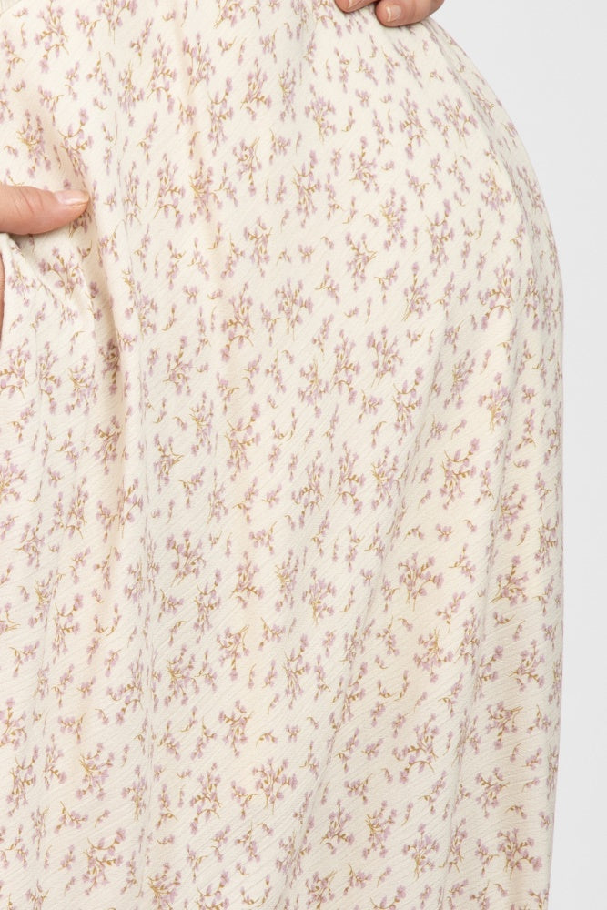 Beige Floral Maternity Dress with Short Sleeves & Ruffle Hem - Plus Size Pregnancy Outfit for Baby Shower, Photo Shoot & Casual Wear