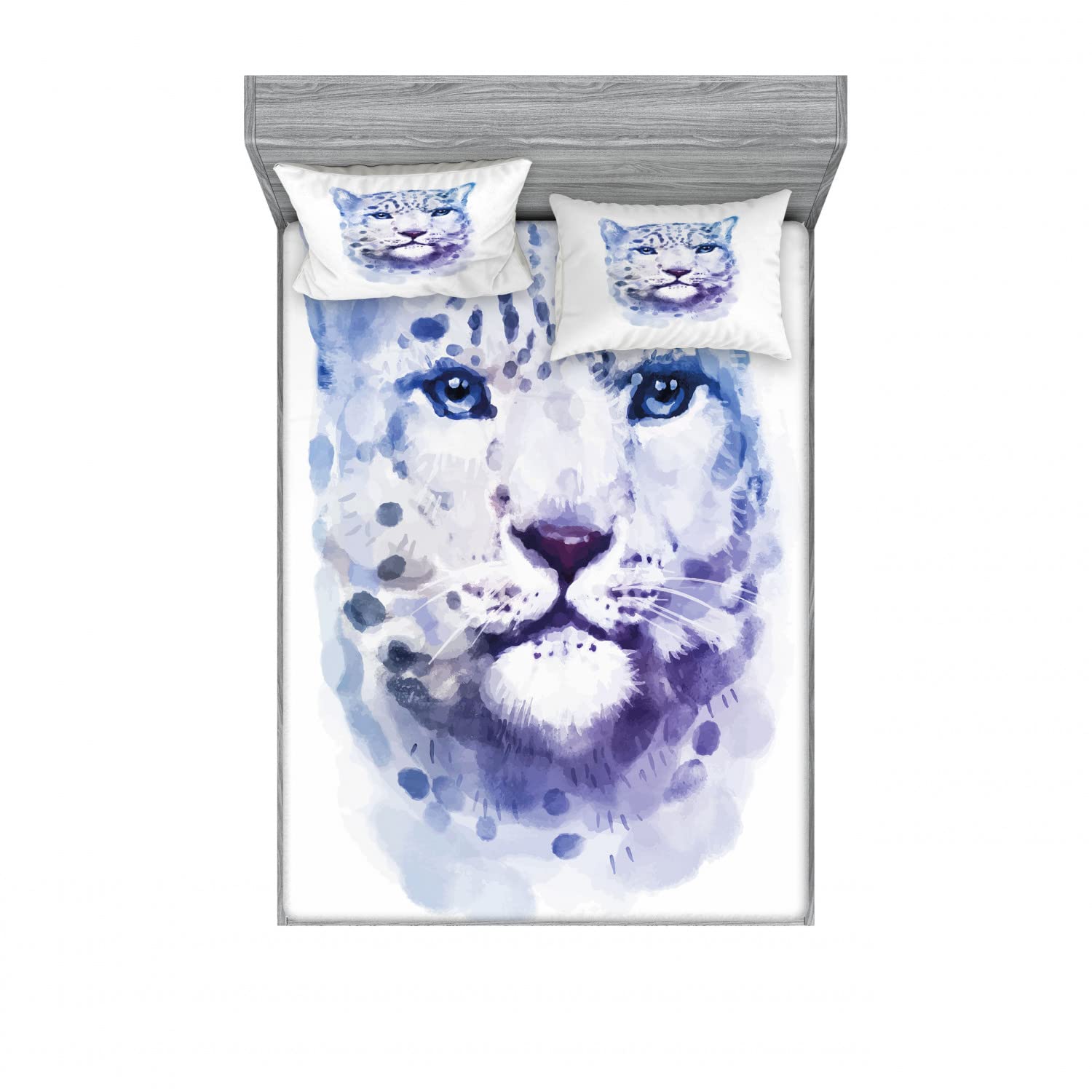 Ambesonne 2-Pack Queen Size Leopard Print Fitted Sheet & Pillow Sham Set - Wild Cat Pattern 4-Piece Bedding Collection (Violet & White) for Jungle Themed Bedroom Decor & Safari Style Home Design