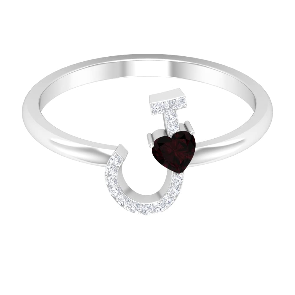 Garnet & Diamond Rings for Women | 14K White Gold A-Z Initial Letter Rings | Personalized Diamond Alphabet Rings | Elegant Garnet Heart Rings | Perfect for Birthdays, Anniversaries & Gifts