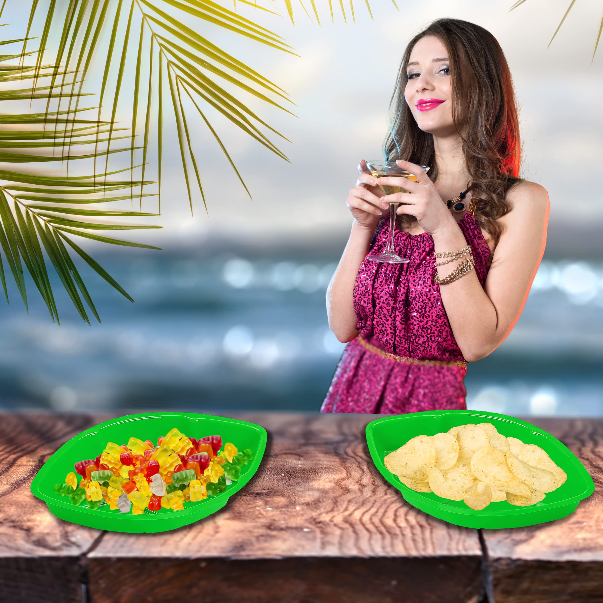 12-Pack Plastic Palm Leaf Party Serving Trays - Durable Luau & Jungle Safari Buffet Plates for Candy, Snacks, Food - Perfect for Hawaiian Themed Parties, Dinosaur Decorations & Table Centerpieces - Ideal for Birthday, Wedding & Holiday Events