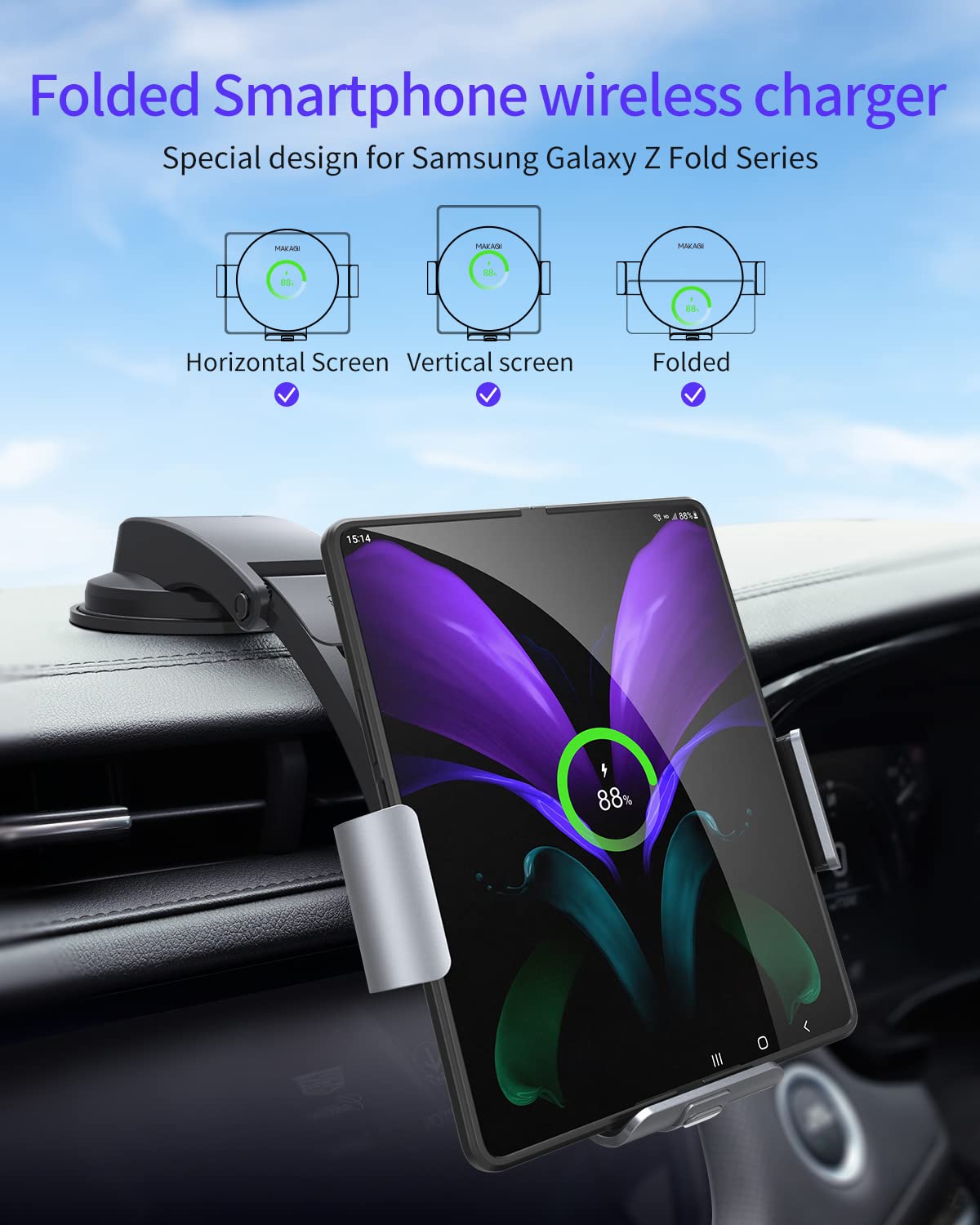 Fast Wireless Car Charger for Samsung Galaxy Z Fold 6/5/4/3/2 & iPhone 16/15/14/13/12/11 Pro Max/X - Dual Coil Auto-Clamping Phone Holder with 15W Qi Charging - Perfect for Road Trips & Daily Commute